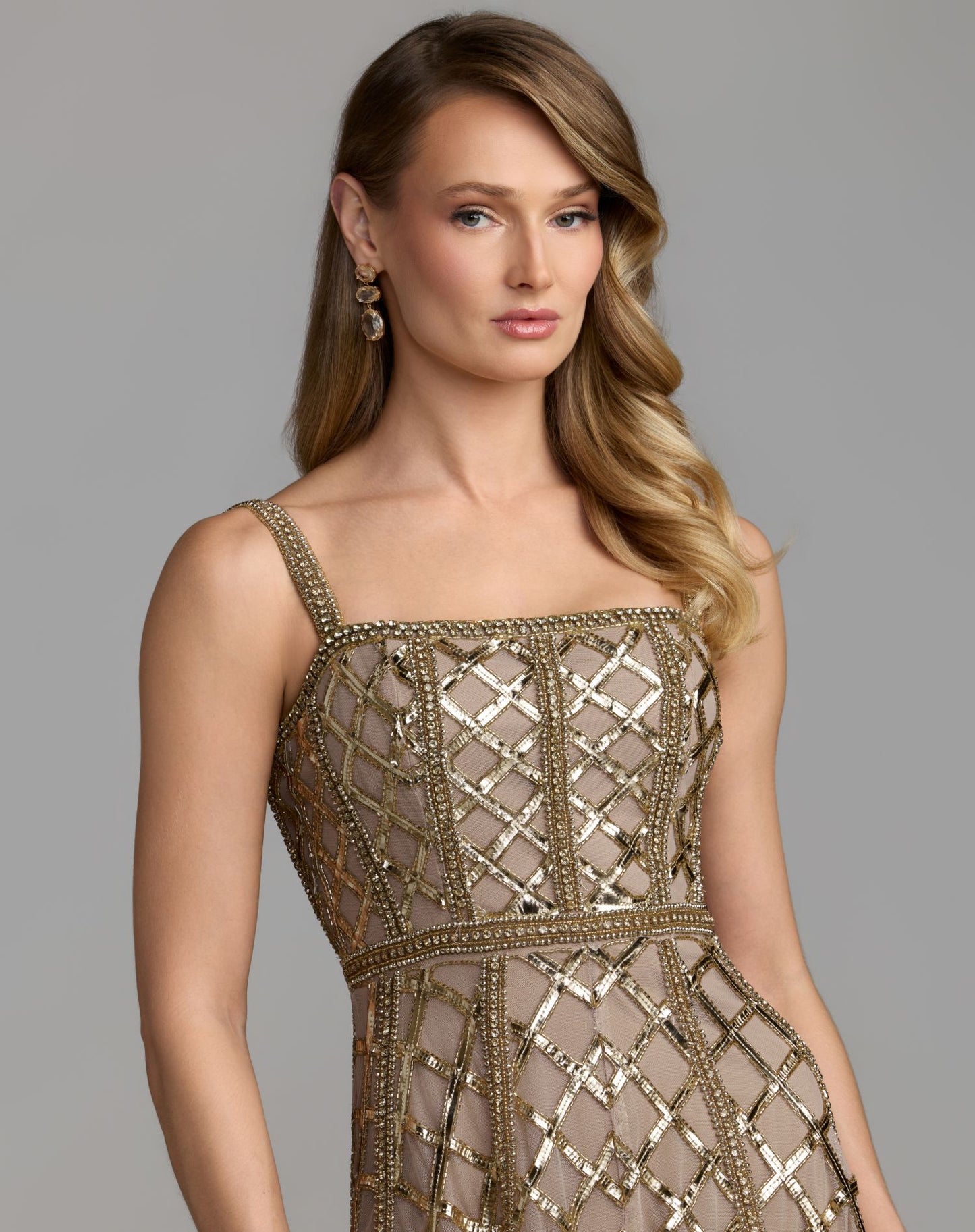 Gold Hand Embellished Geometric Sleeveless Dress - Mac Duggal