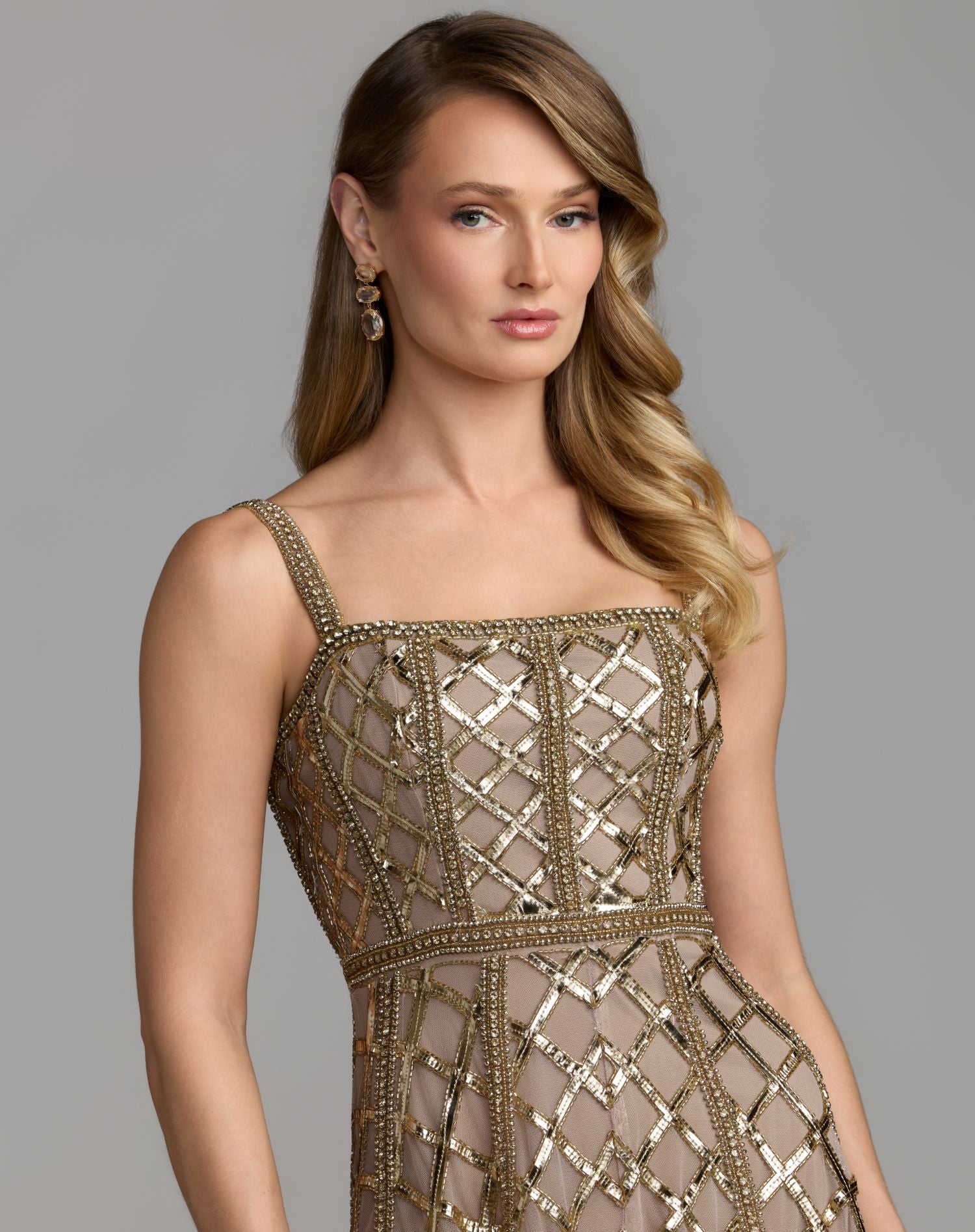 Gold Hand Embellished Geometric Sleeveless Dress - Mac Duggal