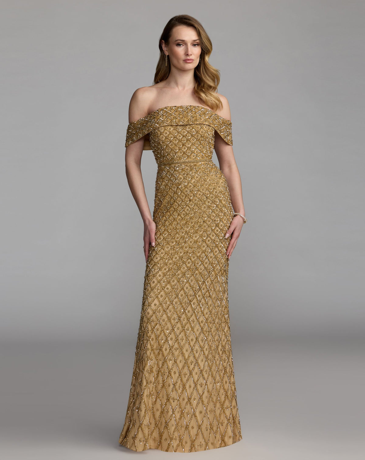 Gold Off The Shoulder Embellished Column Gown - Mac Duggal