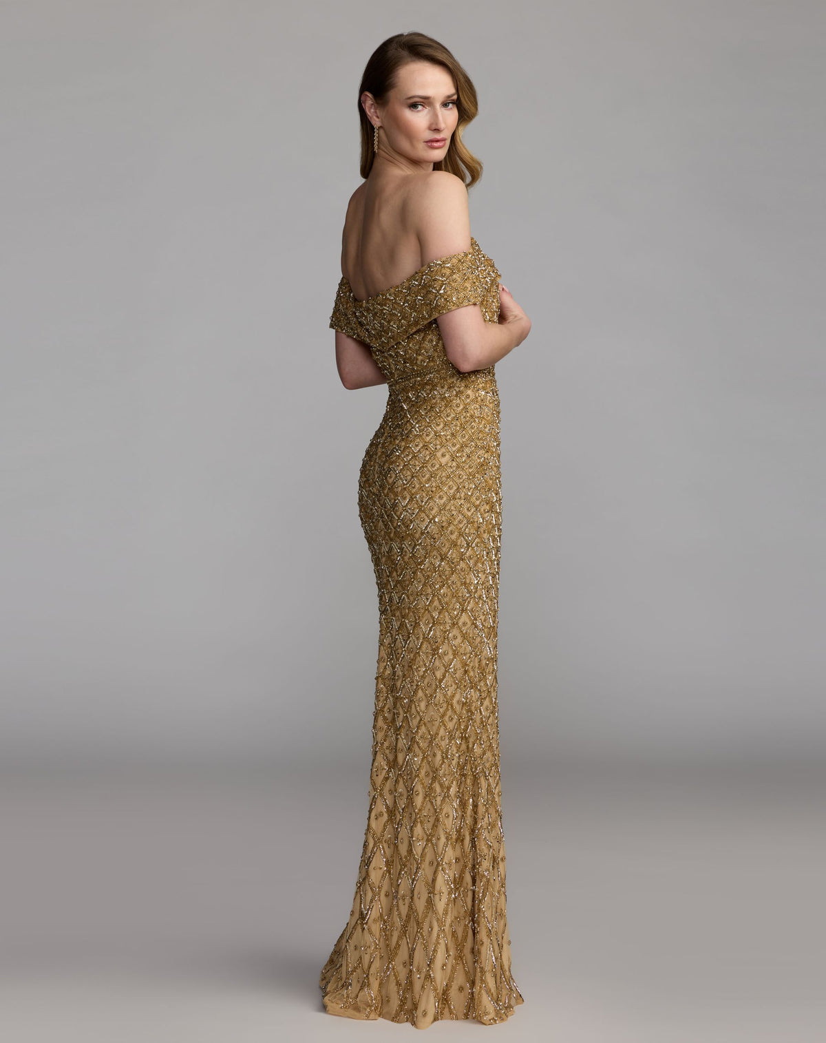 Gold Off The Shoulder Embellished Column Gown - Mac Duggal