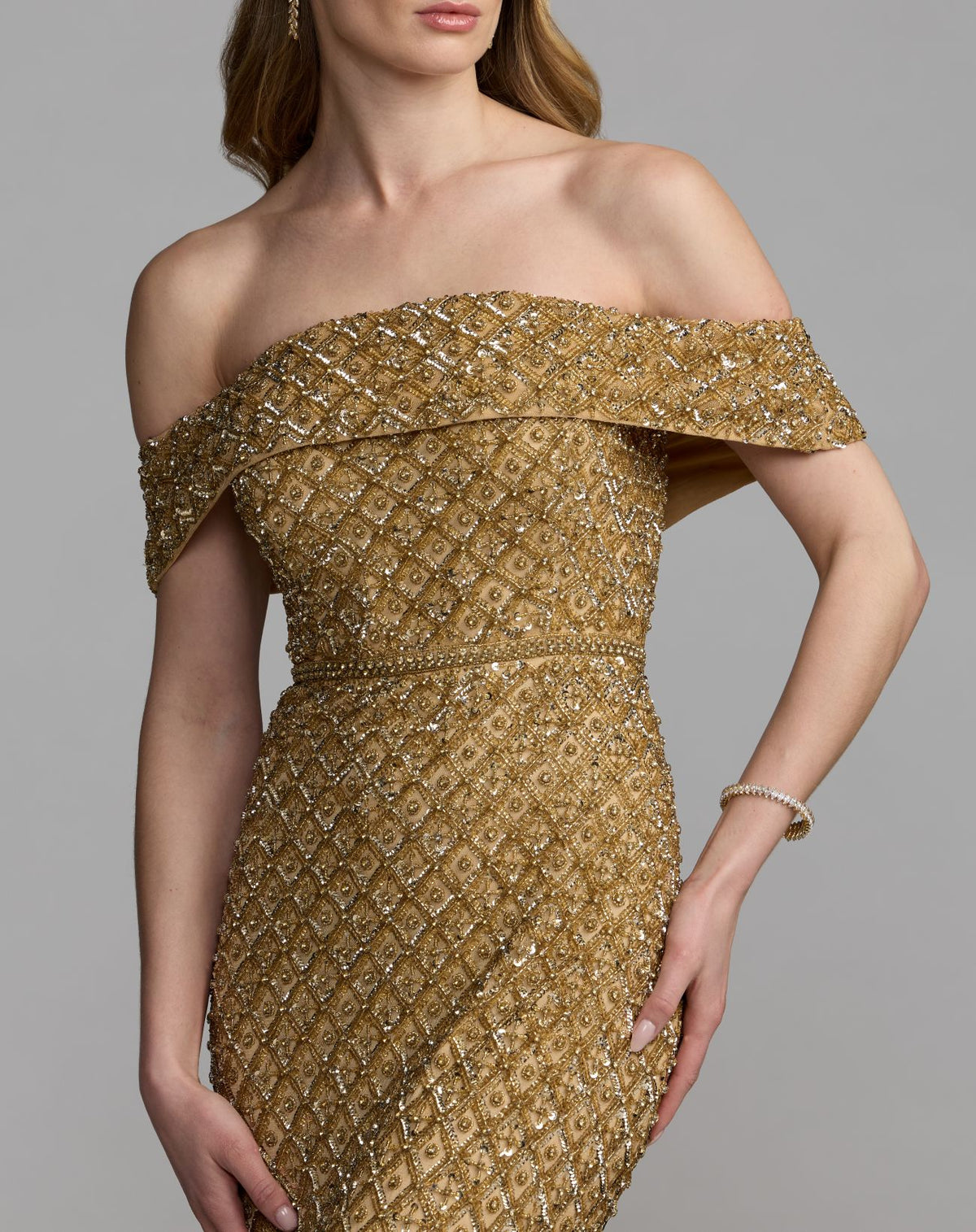 Gold Off The Shoulder Embellished Column Gown - Mac Duggal