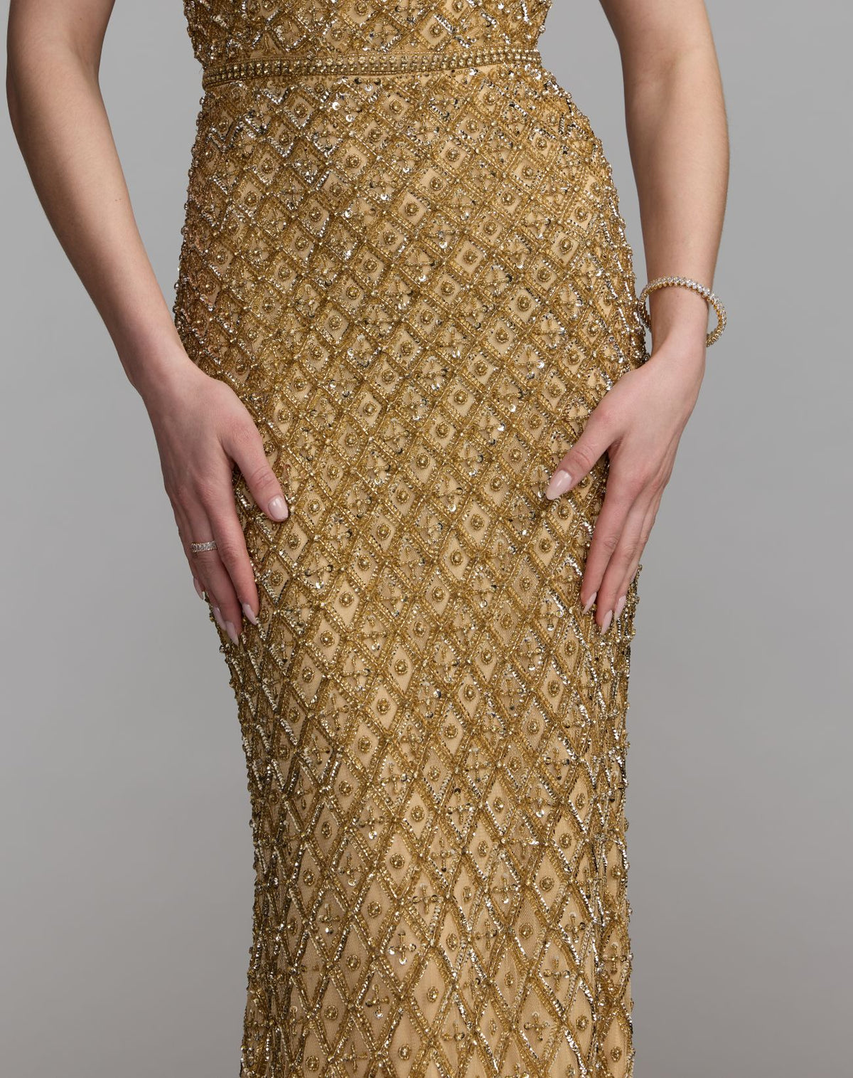 Gold Off The Shoulder Embellished Column Gown - Mac Duggal