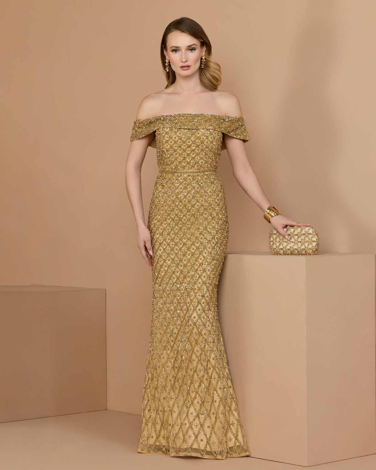 Gold Off The Shoulder Embellished Column Gown - Mac Duggal