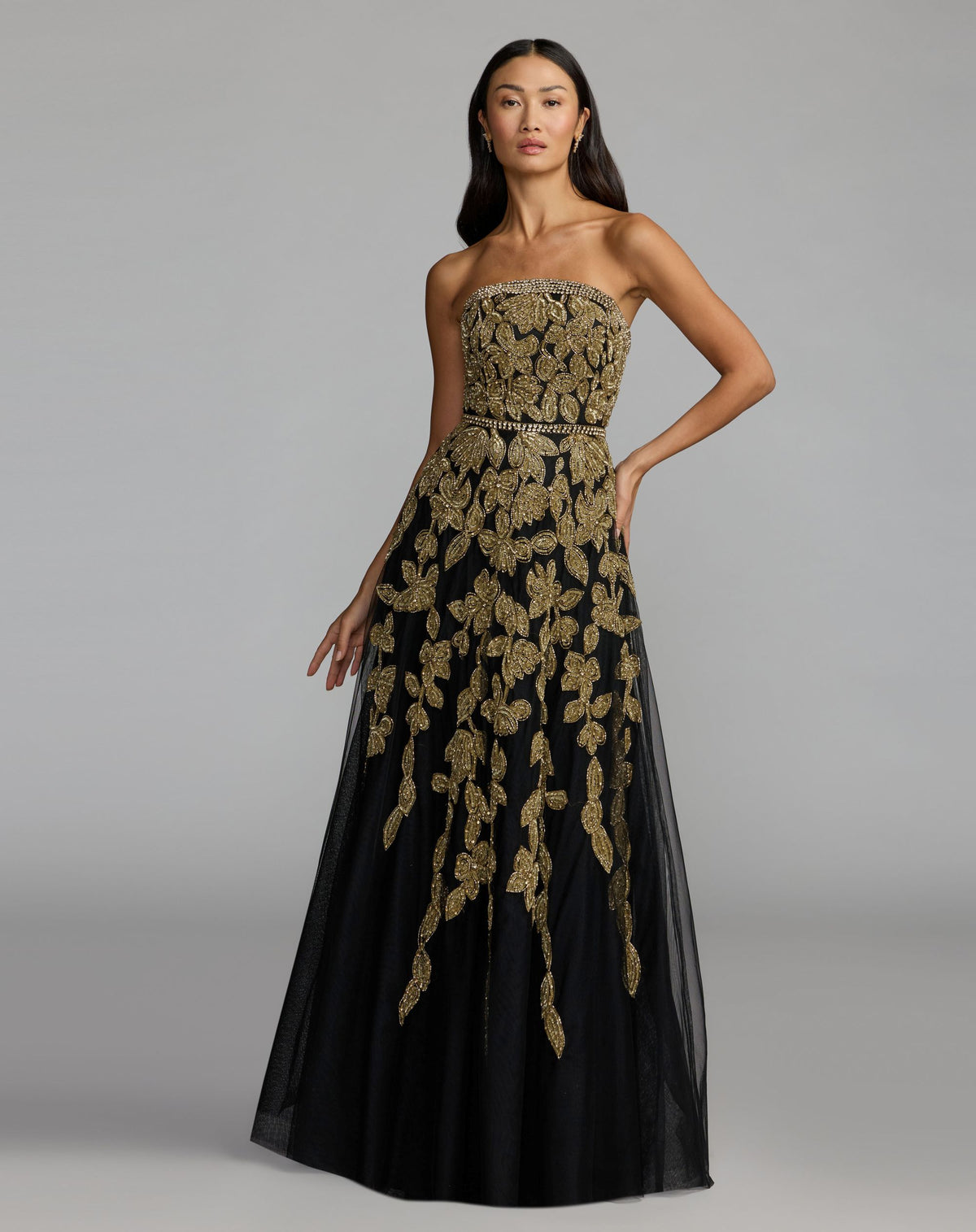 Black Gold Floral Embellished Strapless A-Line Gown - Mac Duggal