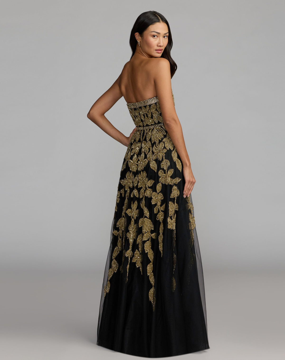 Black Gold Floral Embellished Strapless A-Line Gown - Mac Duggal