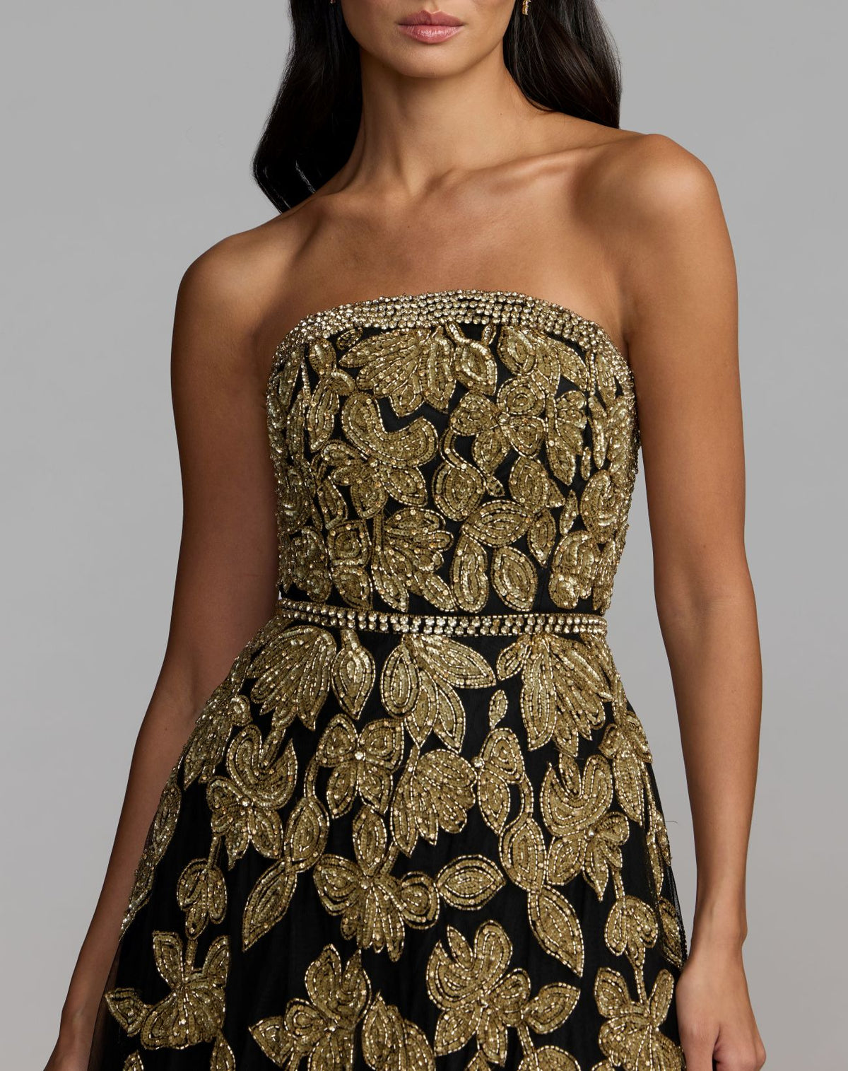 Black Gold Floral Embellished Strapless A-Line Gown - Mac Duggal