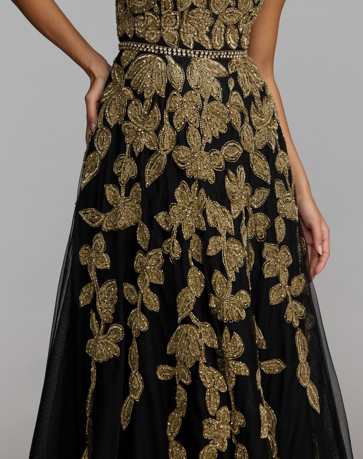 Black Gold Floral Embellished Strapless A-Line Gown - Mac Duggal