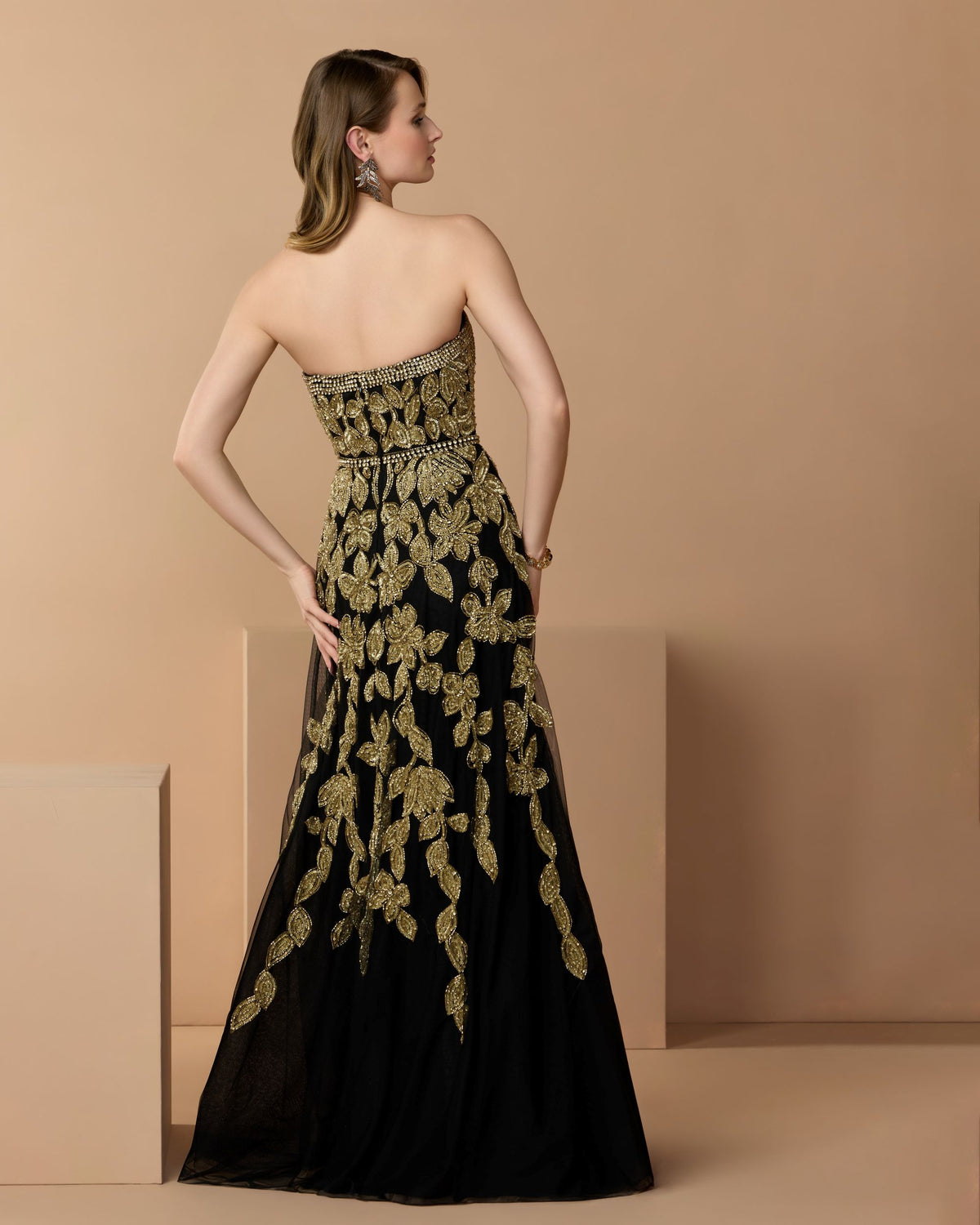Black Gold Floral Embellished Strapless A-Line Gown - Mac Duggal