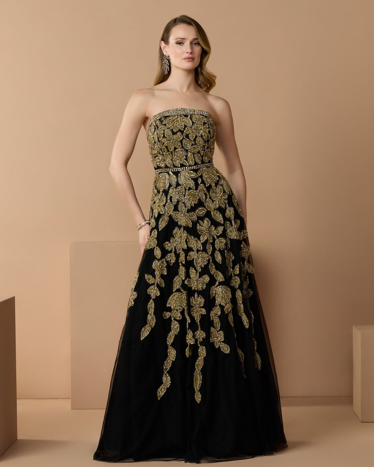 Black Gold Floral Embellished Strapless A-Line Gown - Mac Duggal