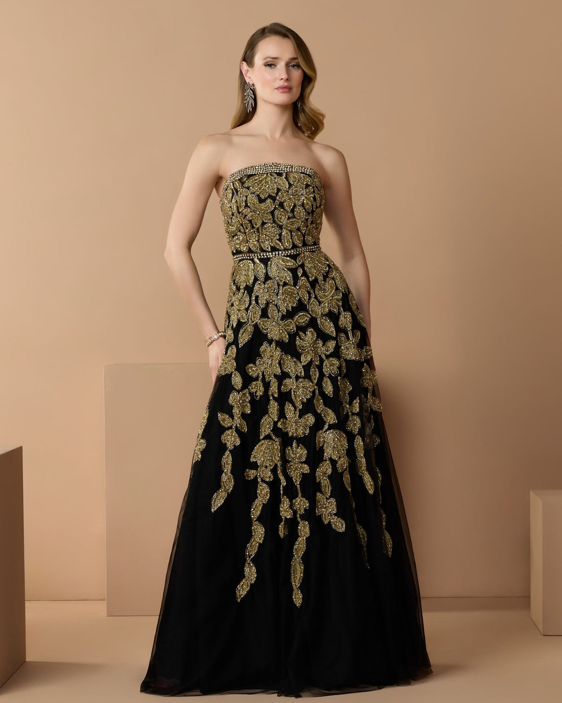 Black Gold Floral Embellished Strapless A-Line Gown - Mac Duggal