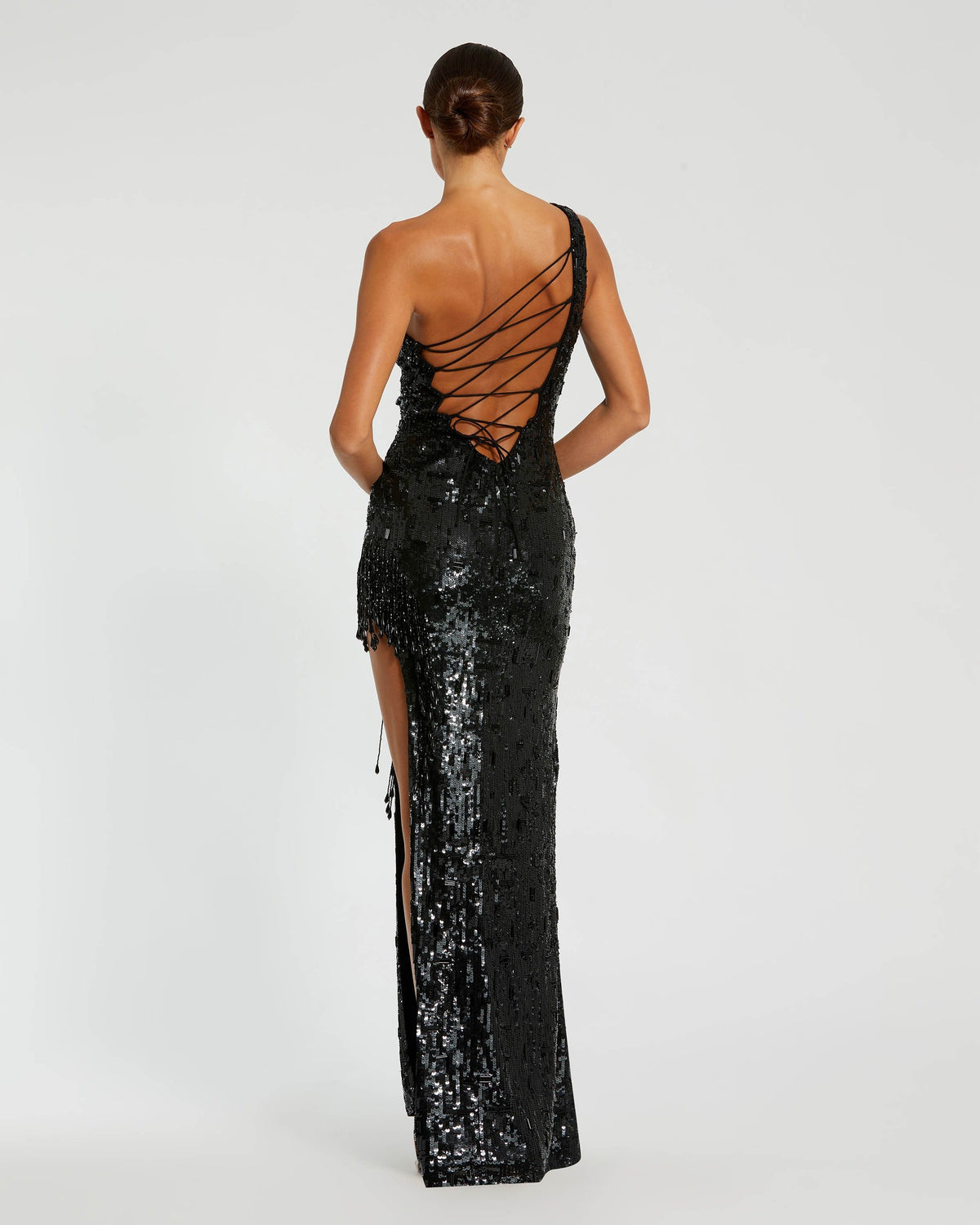 Black Sequin One Shoulder Fringe Gown - Mac Duggal