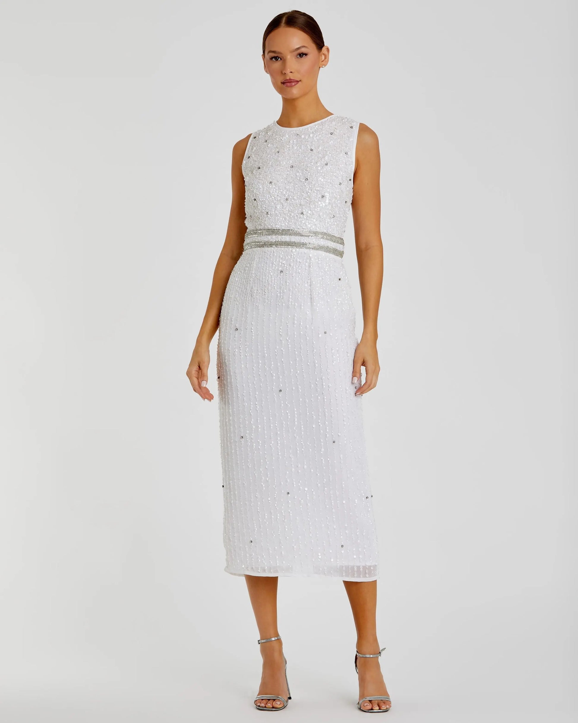 White Sleeveless High Neck Beaded Midi Sheath Dress - Mac Duggal White Sleeveless High Neck Beaded Midi Sheath Dress - Mac Duggal