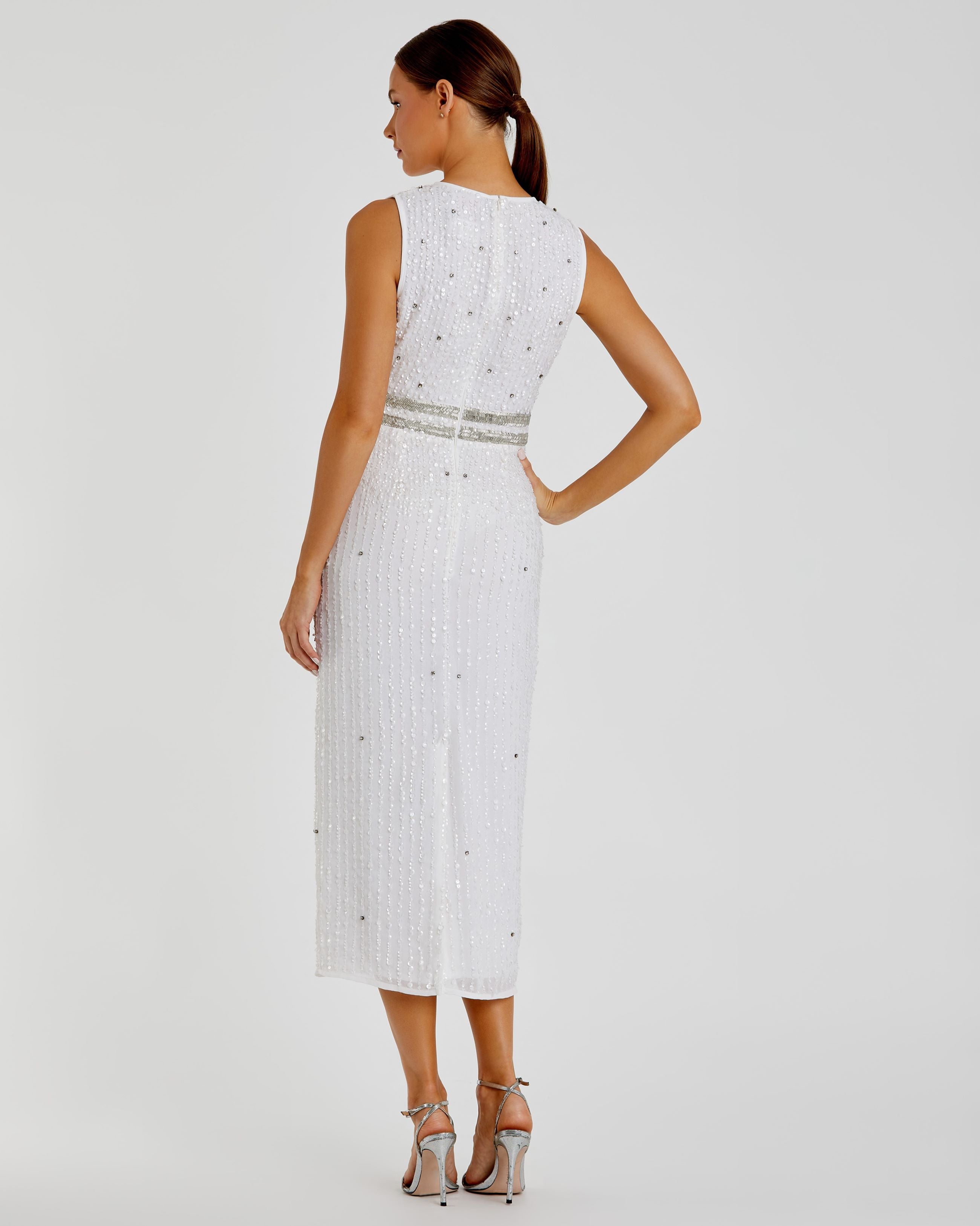 Sleeveless High Neck Beaded Midi Sheath Dress