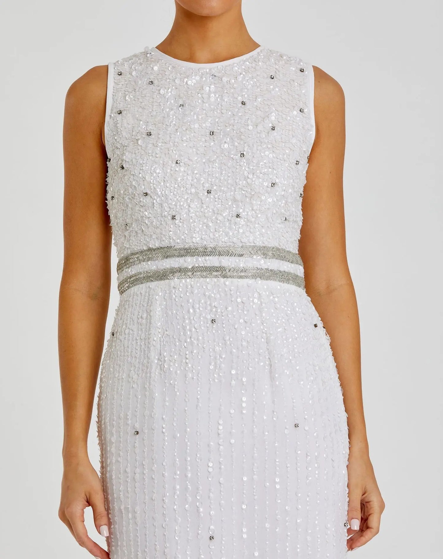 White Sleeveless High Neck Beaded Midi Sheath Dress - Mac Duggal