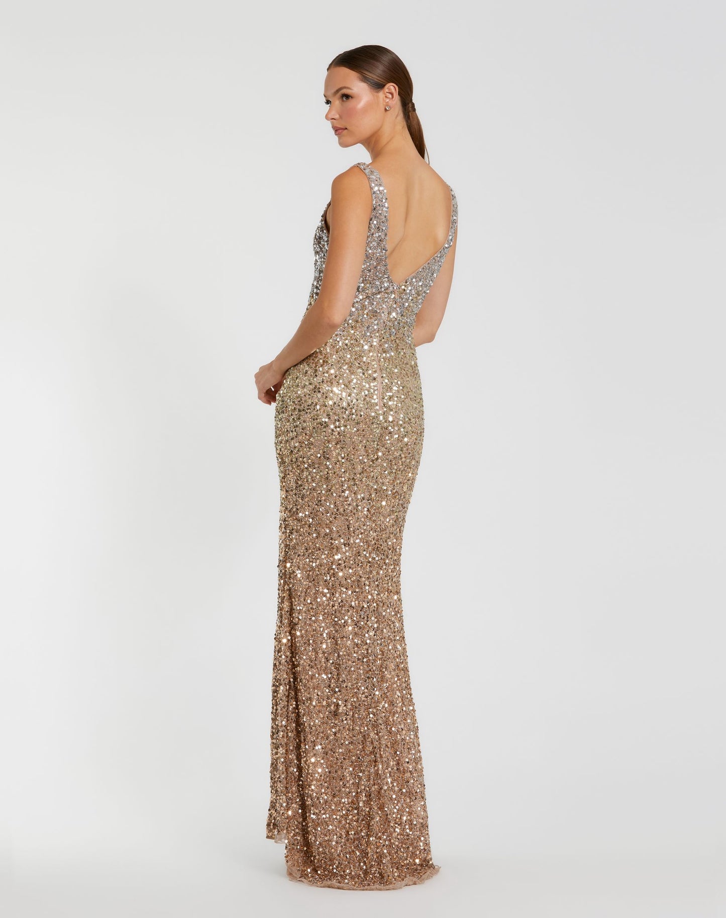 Sequined Sleeveless V Neck Side Slit Gown