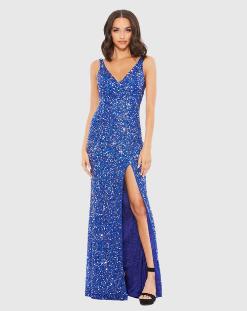 Sequined Sleeveless V Neck Side Slit Gown