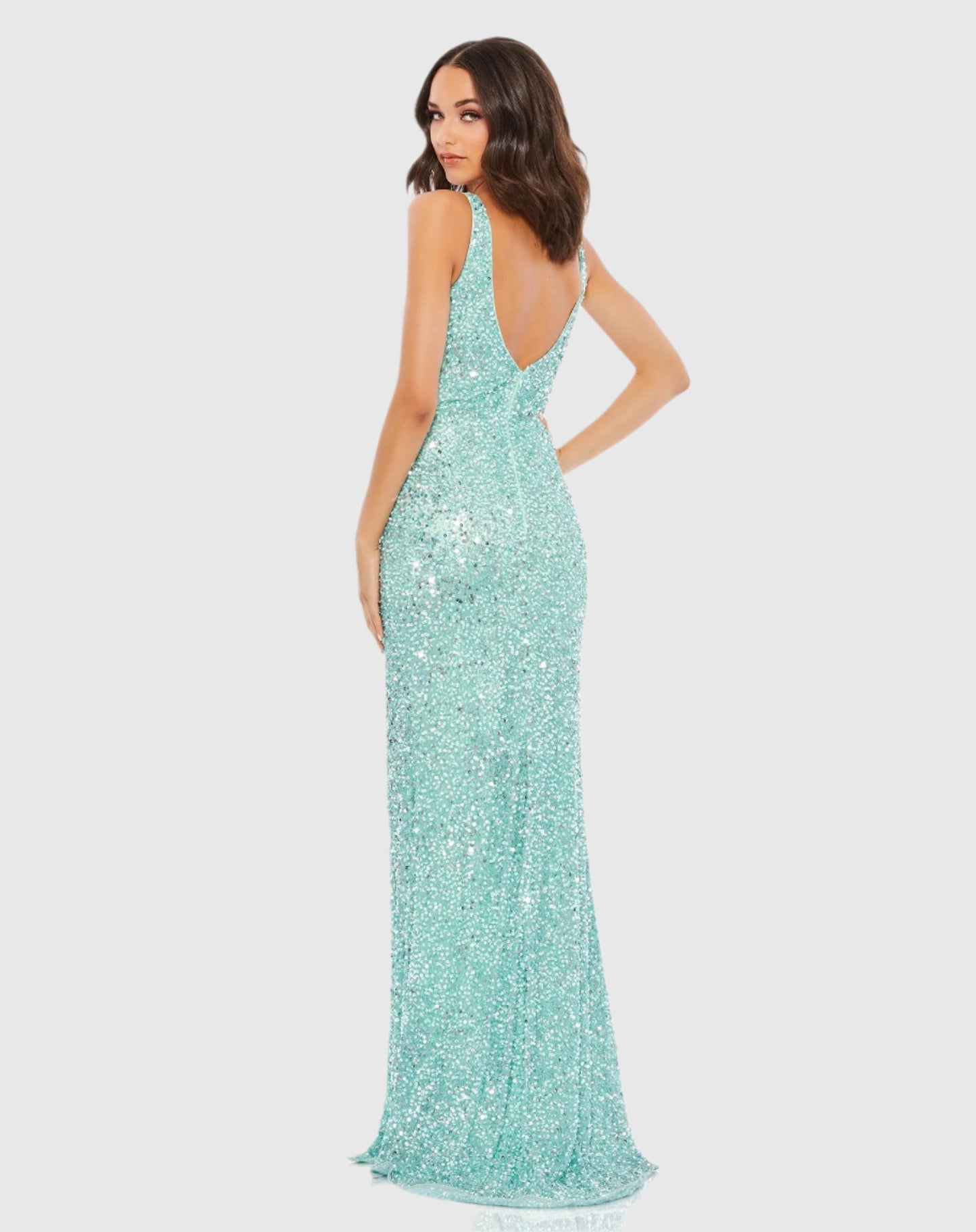 Sequined Sleeveless V Neck Side Slit Gown