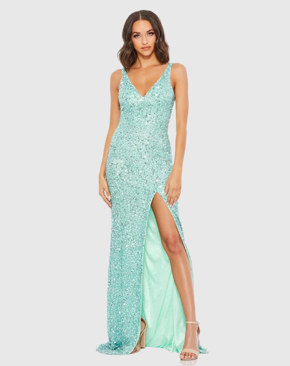 Sequined Sleeveless V Neck Side Slit Gown