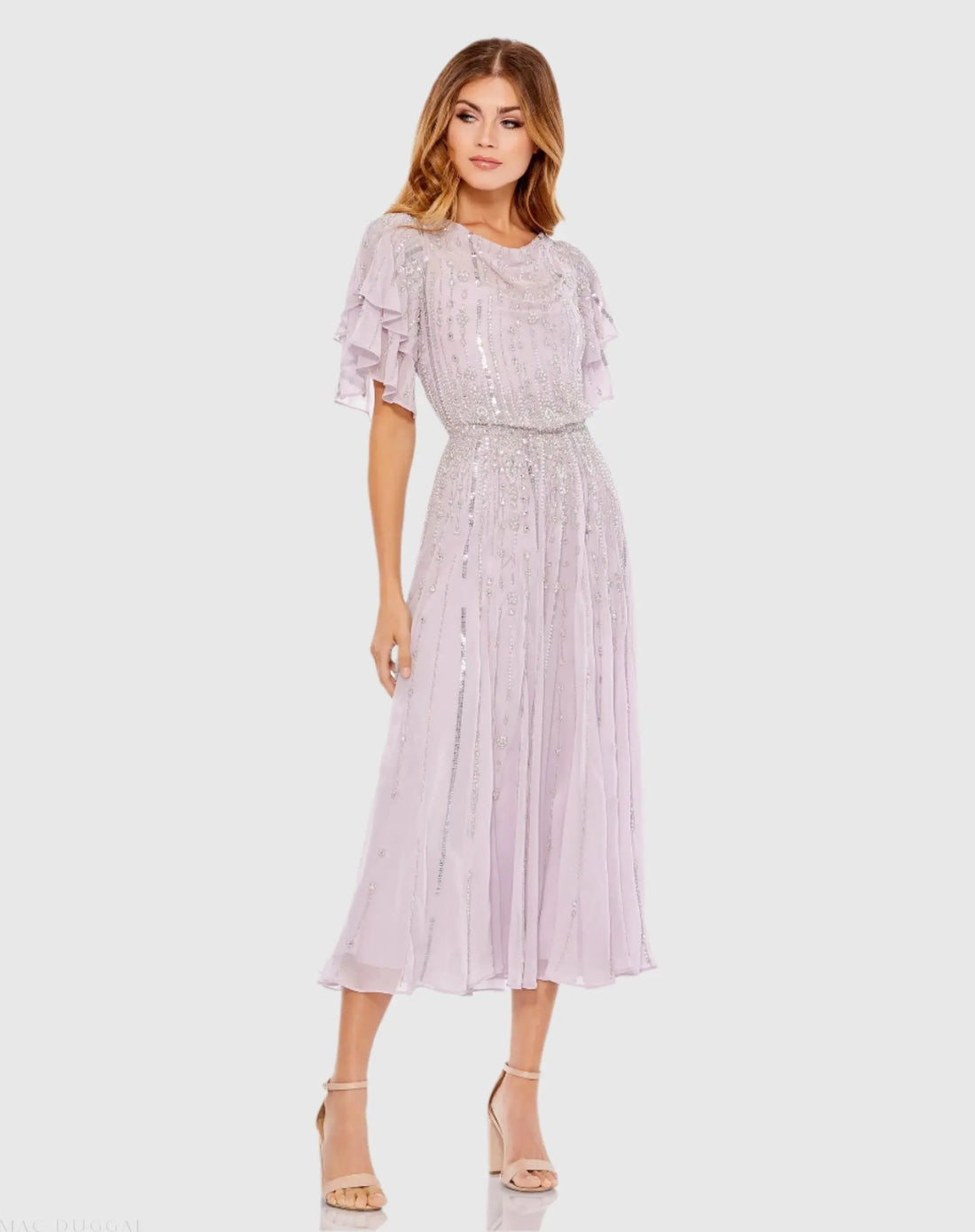 purple midi dress with sleeves Purple High Neck Embellished Flutter Sleeve Midi Dress