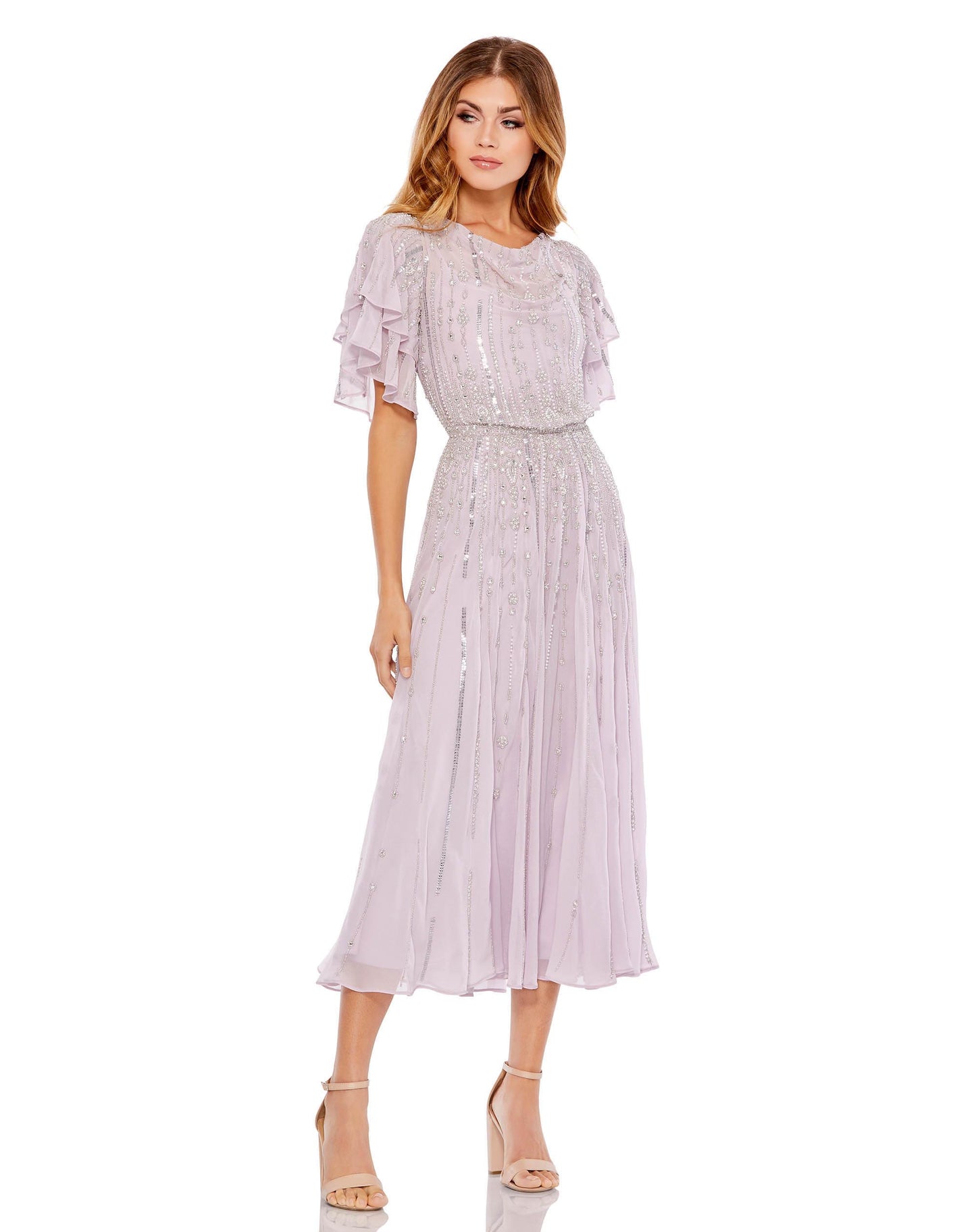 High Neck Sequined Flutter Sleeve Midi Dress