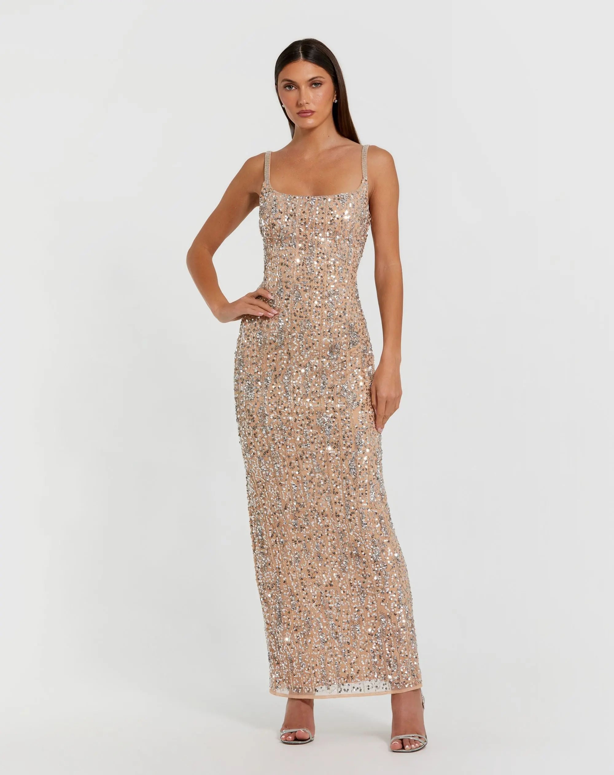 Beige Embellished Square Neck Gown | Mac Duggal