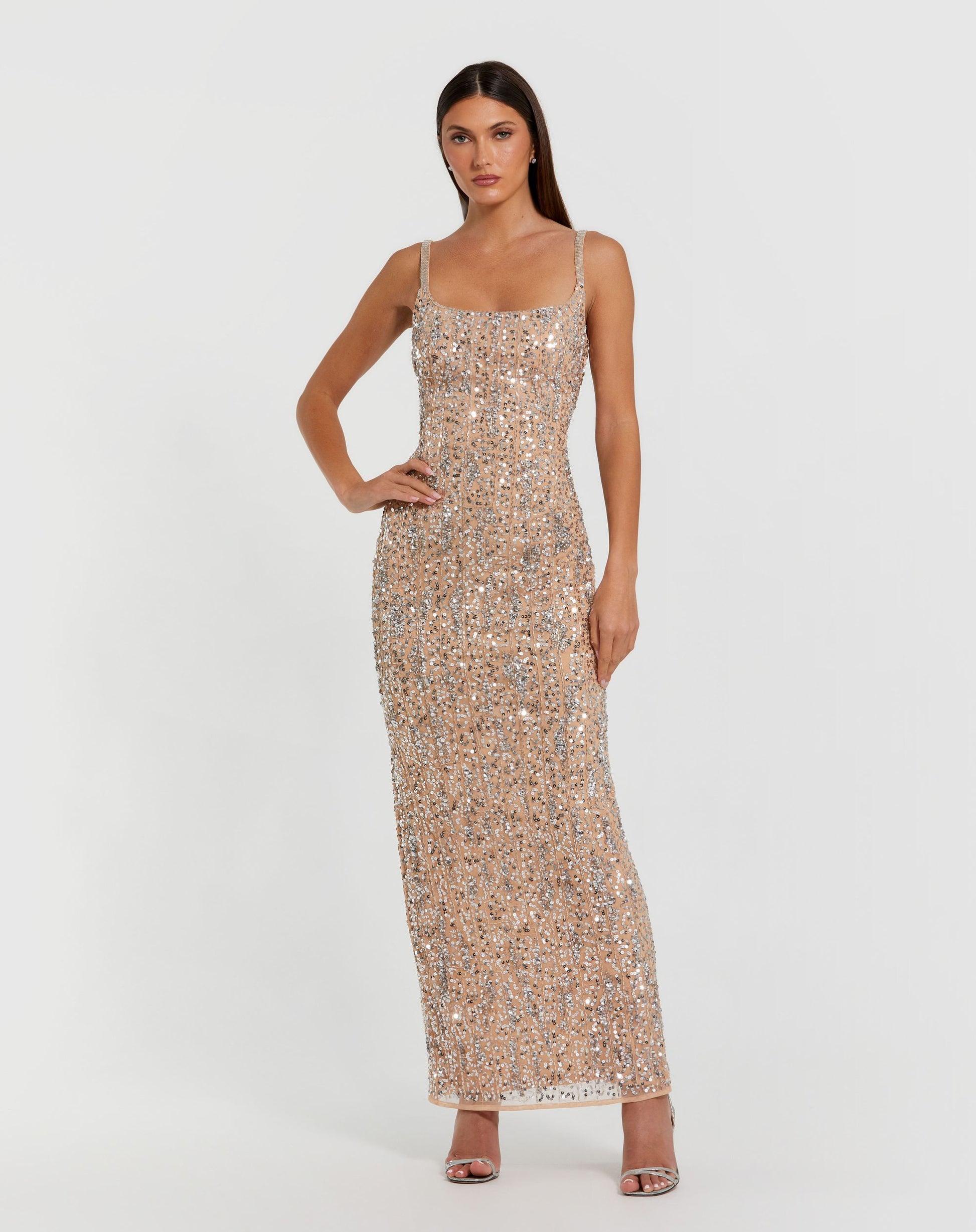 Beige Embellished Square Neck Gown - Mac Duggal