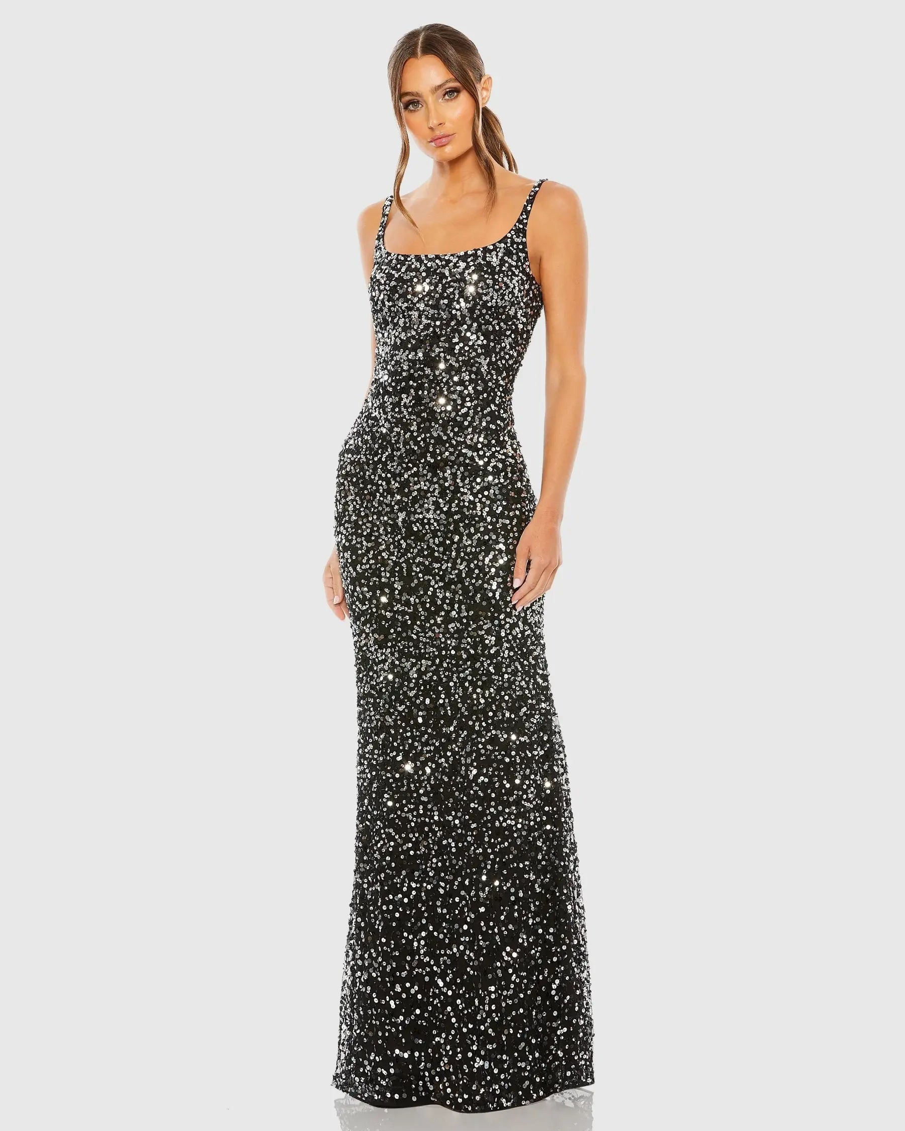 Black Sequined Low Back Slip Gown - Mac Duggal