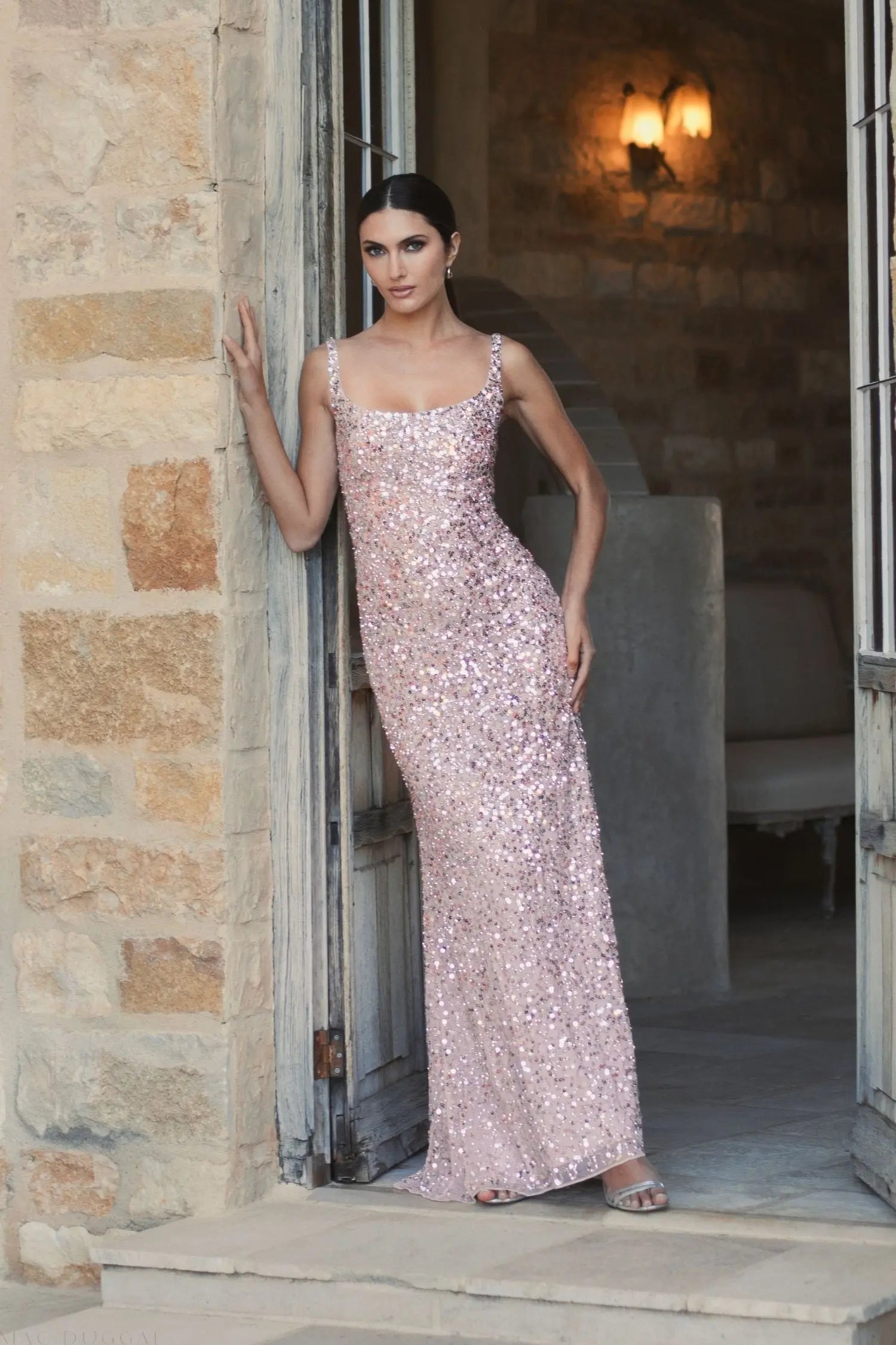 Pink Sequined Low Back Slip Gown | Mac Duggal Pink Sequined Low Back Slip Gown | Mac Duggal