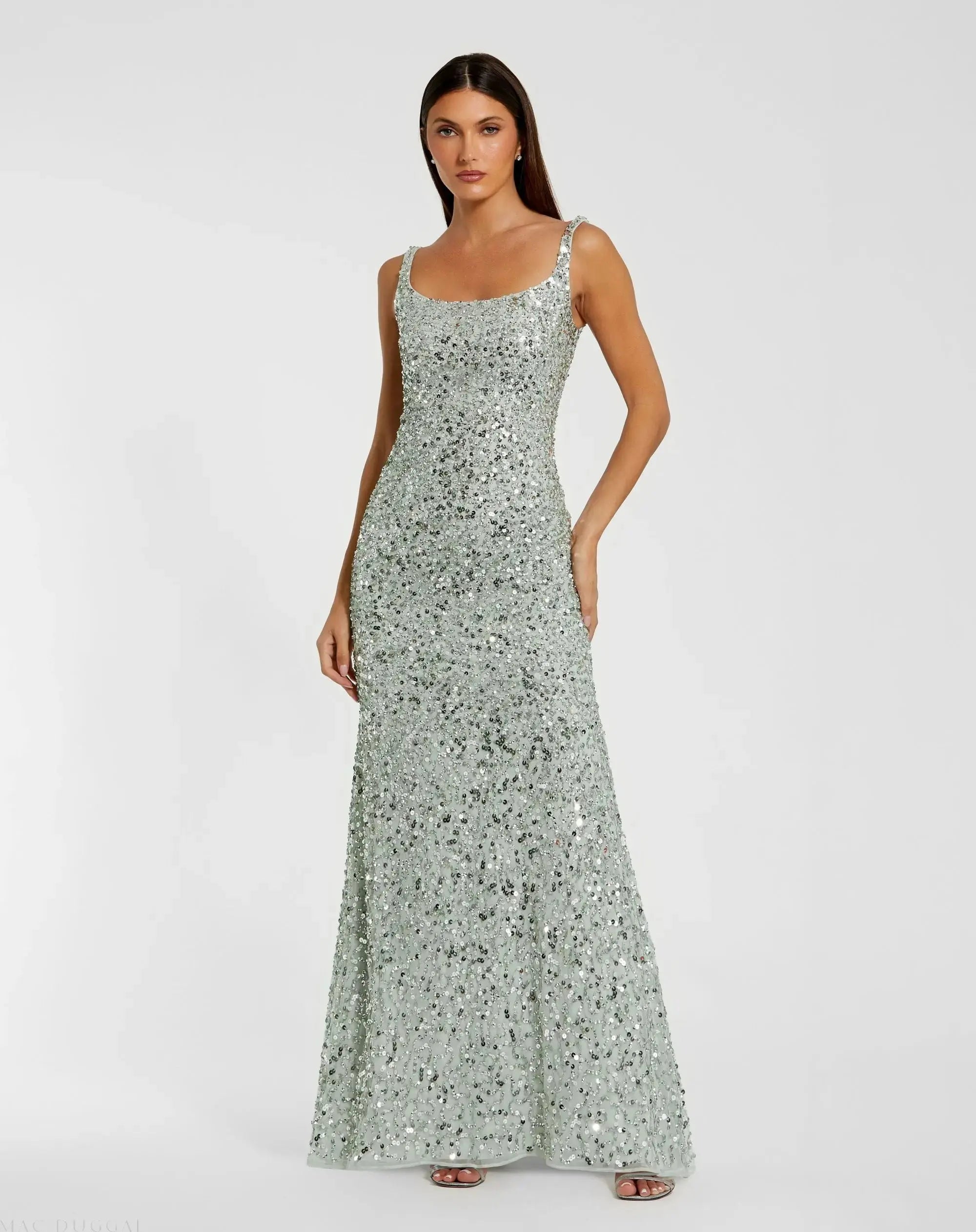 Green Scoop Neck A-Line Gown With Striped Beading | Mac Duggal Green Scoop Neck A-Line Gown With Striped Beading | Mac Duggal