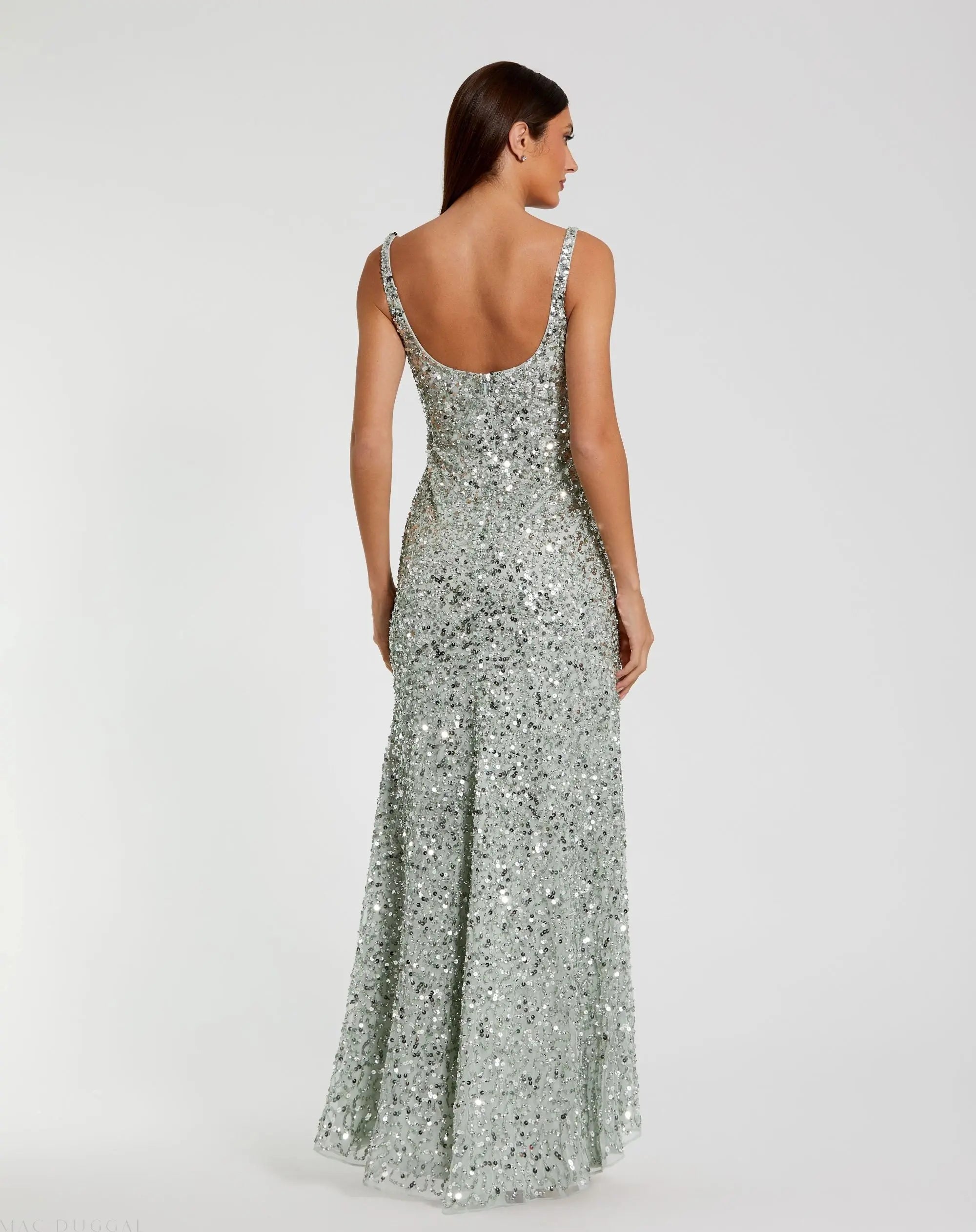 Green Sequined Low Back Slip Gown - Mac Duggal