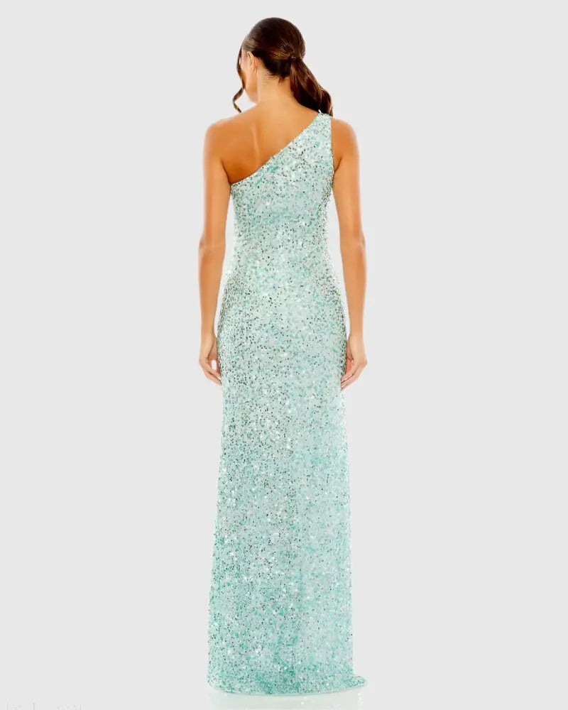 blue sequin one shoulder dress Blue Sequined One Shoulder Gown With Slit