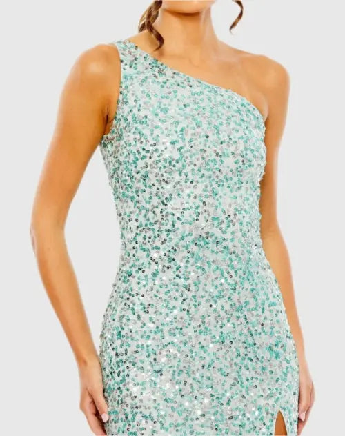 Blue Sequined One Shoulder Gown With Slit Blue Sequined One Shoulder Gown With Slit