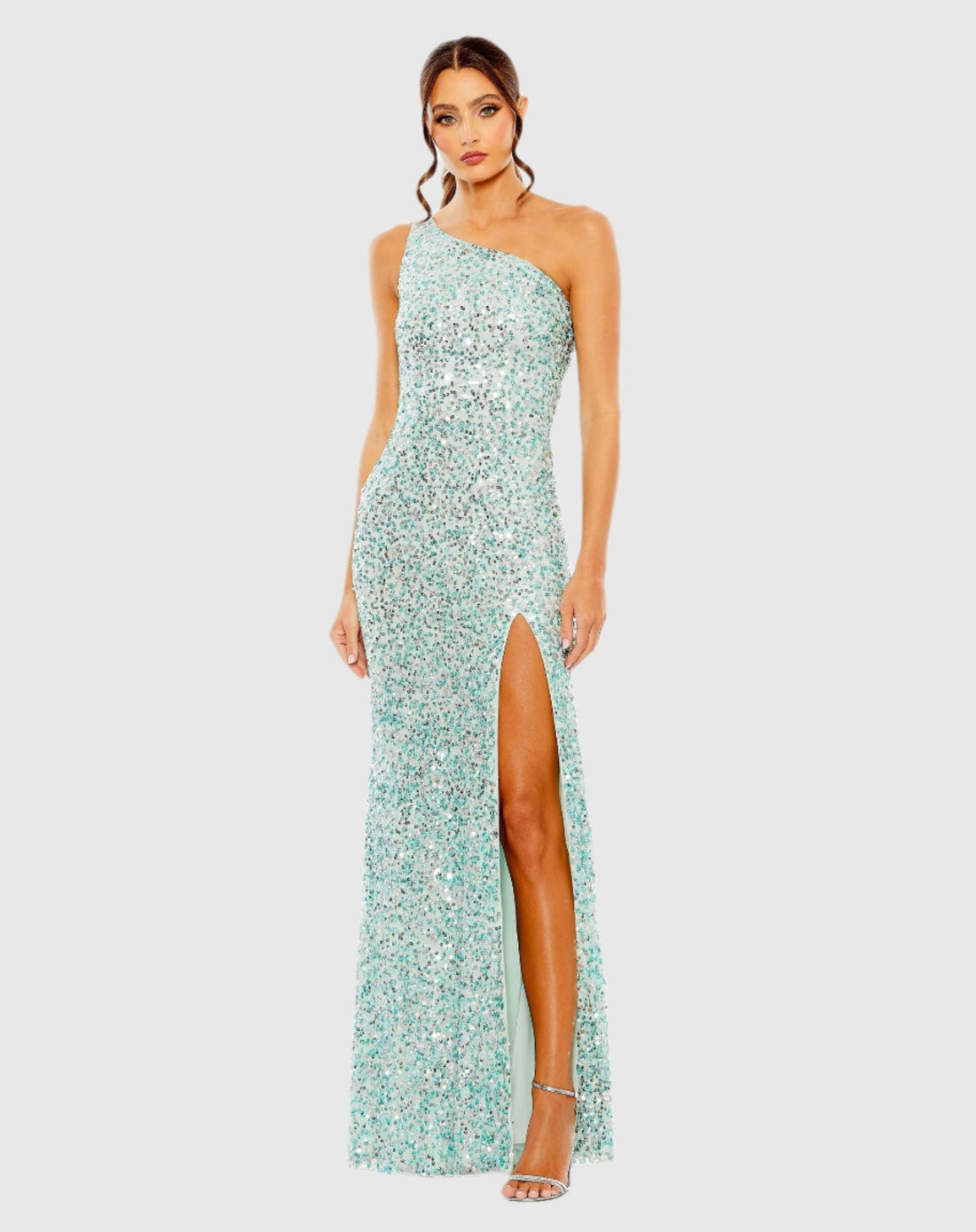 Sequined One Shoulder Gown With Slit