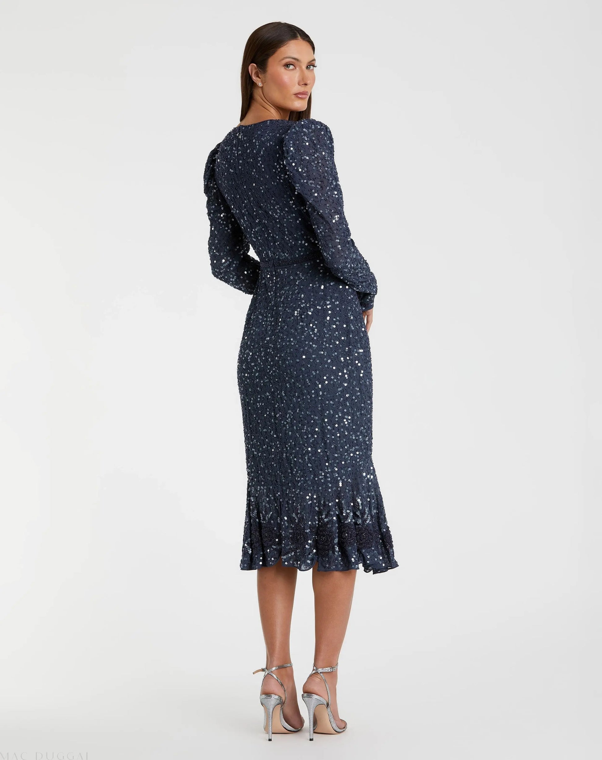 Blue Sequin Dress with Beaded Hemline and Belt