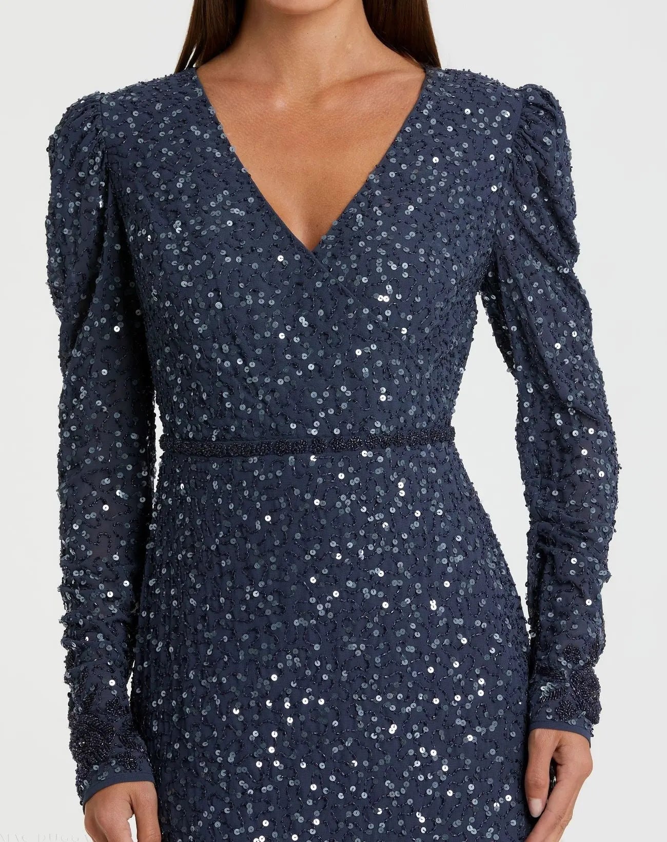 Blue Sequin Dress with Beaded Hemline and Belt | Mac Duggal Blue Sequin Dress with Beaded Hemline and Belt | Mac Duggal