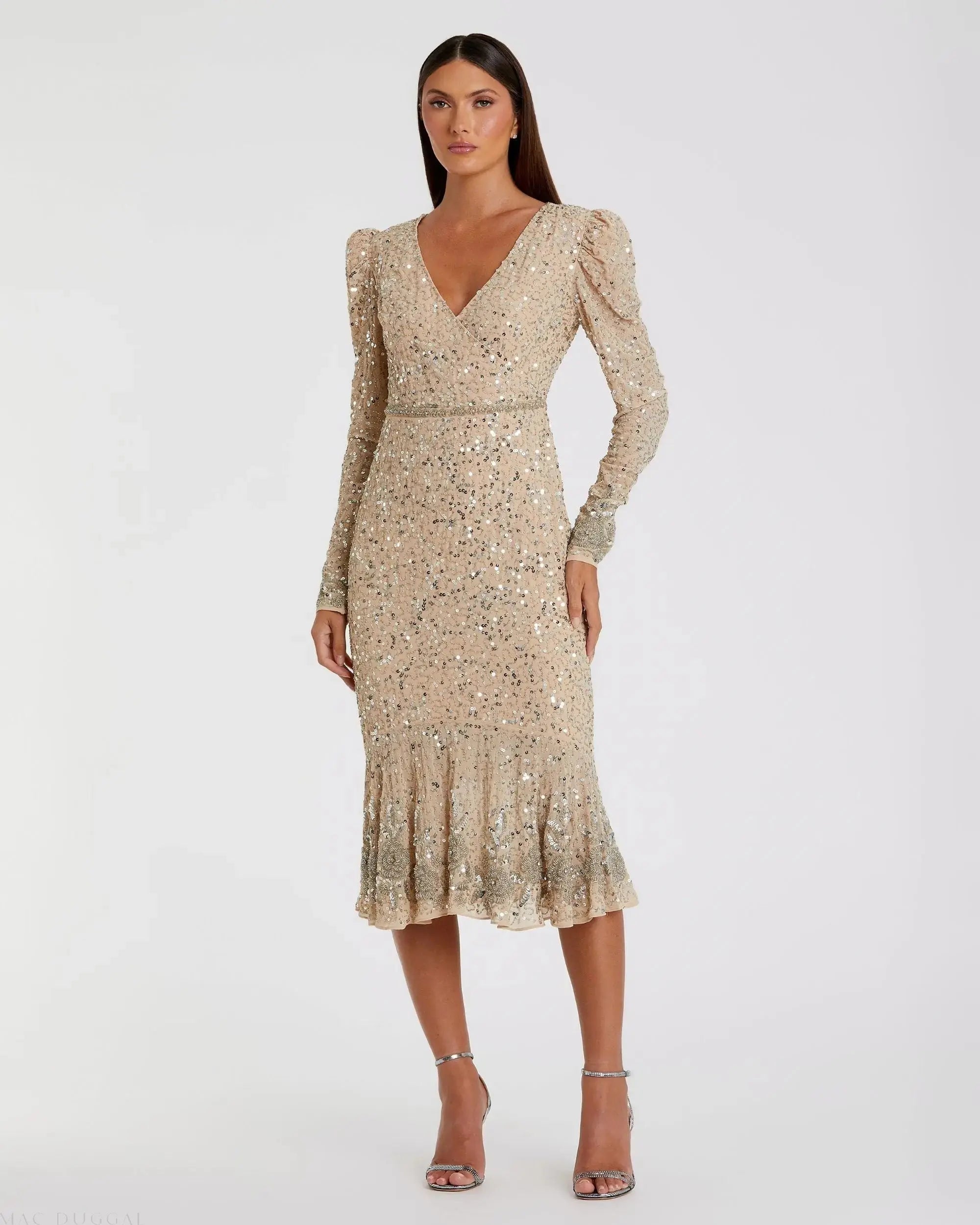 Beige Sequin Dress with Embellished Hemline and Belt - Mac Duggal