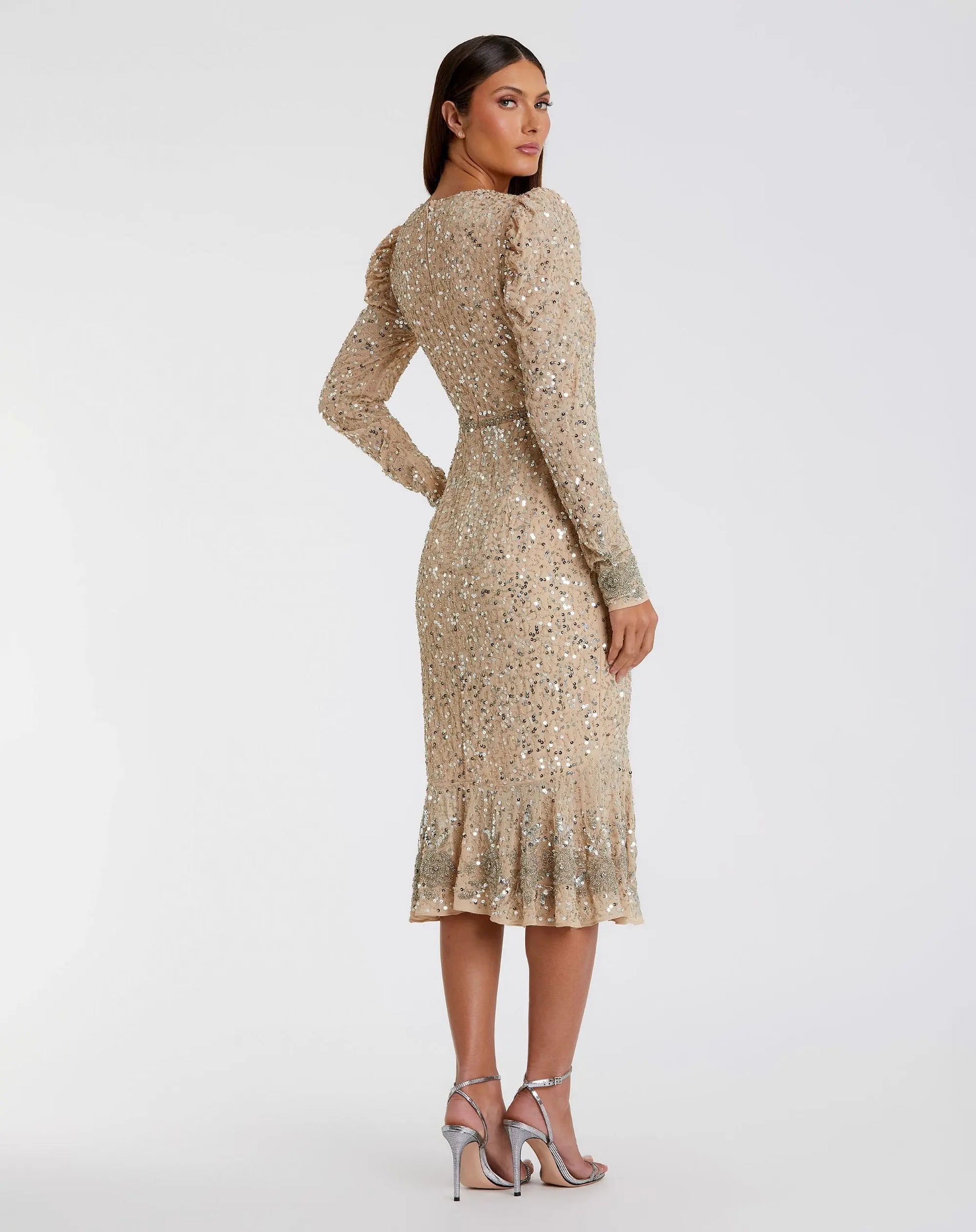 Beige Sequin Dress with Beaded Hemline and Belt - FINAL SALE Beige Sequin Dress with Beaded Hemline and Belt - FINAL SALE