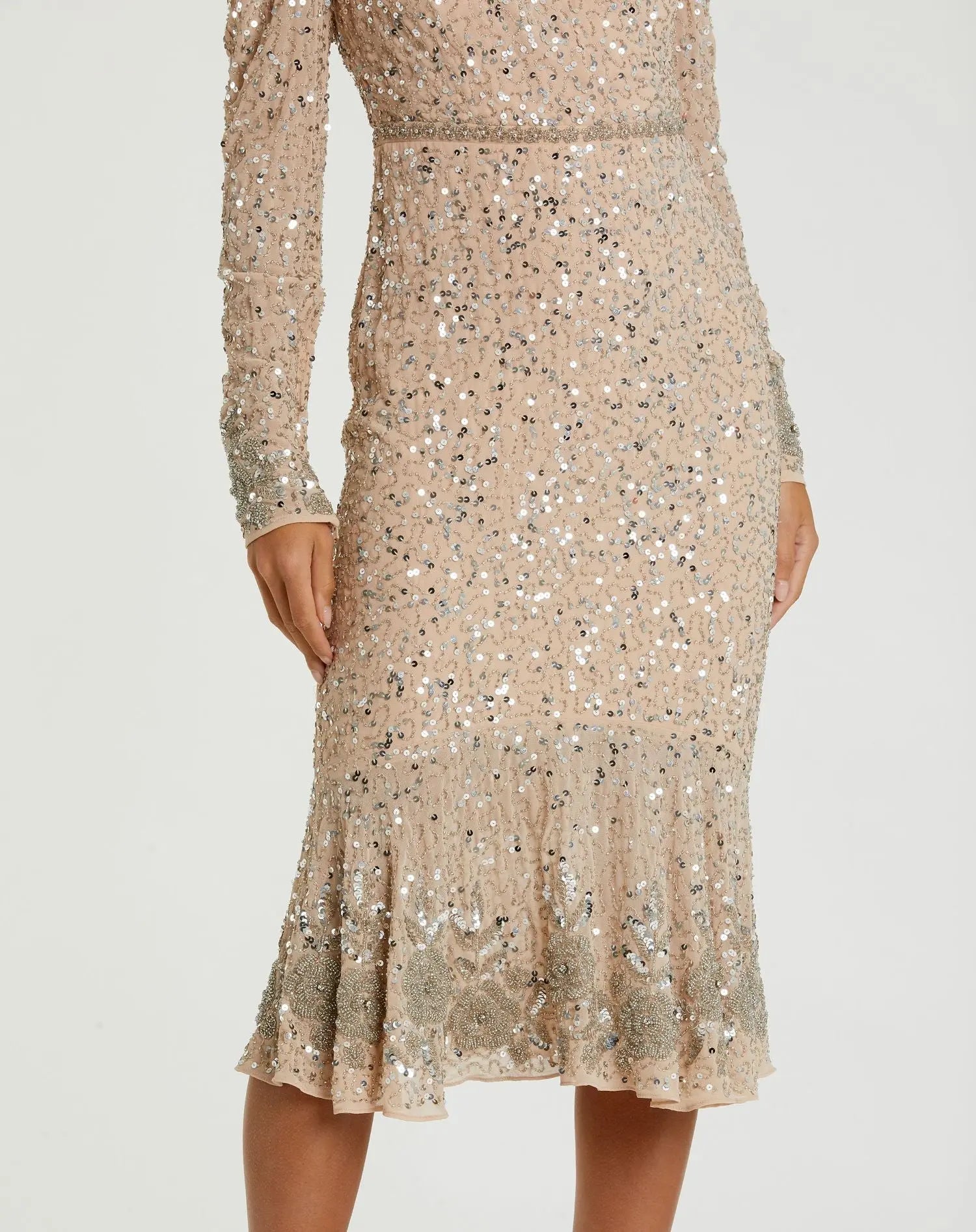 Beige Sequin Dress with Beaded Hemline and Belt | Mac Duggal Beige Sequin Dress with Beaded Hemline and Belt | Mac Duggal