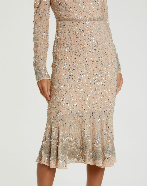 Sequin Dress with Embellished Hemline and Belt