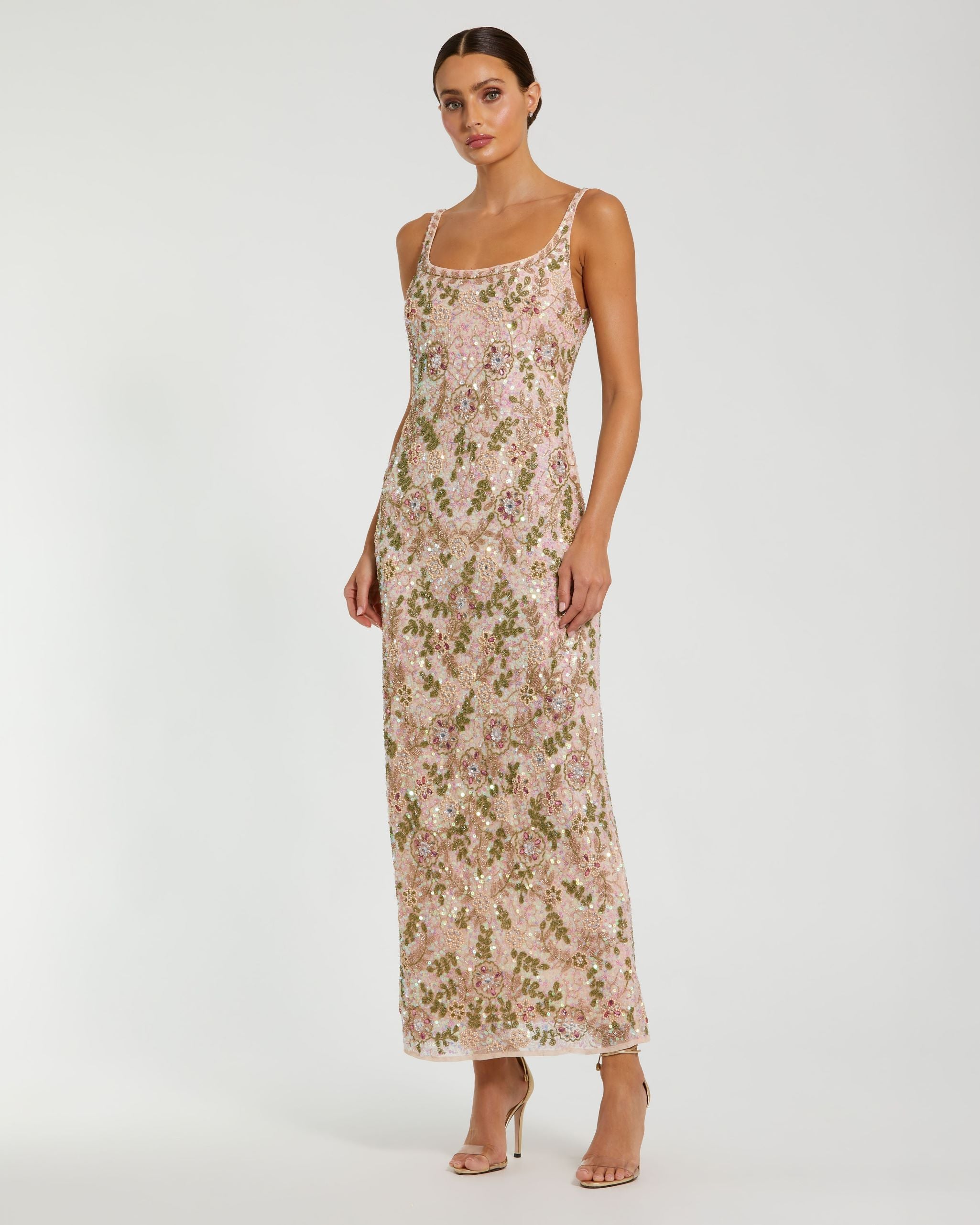 Sleeveless Hand Beaded Floral Midi Dress