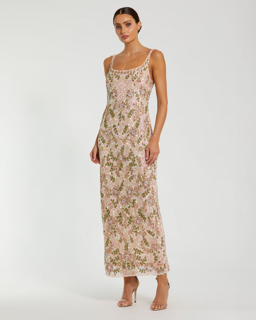 Sleeveless Hand Beaded Floral Midi Dress