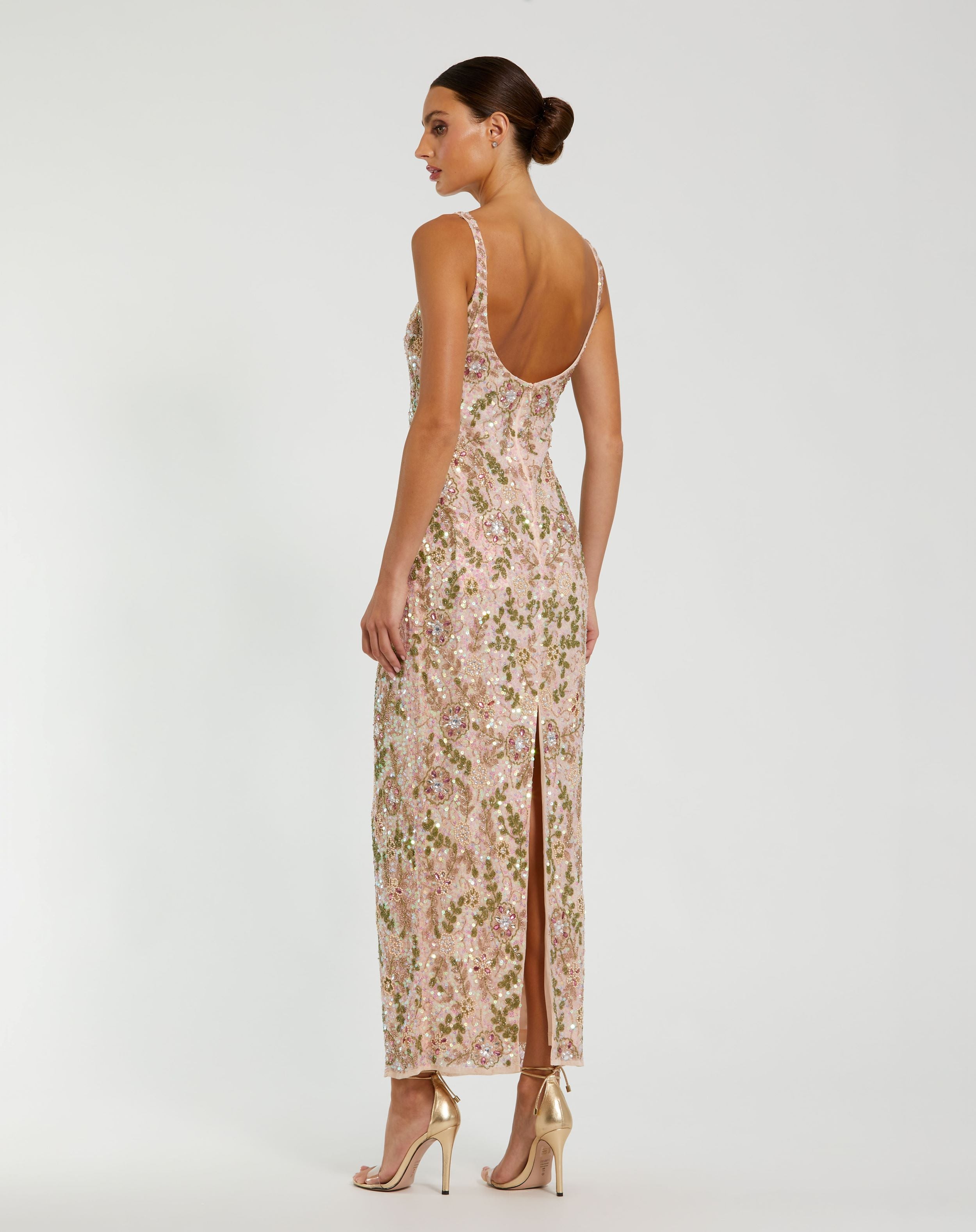 Sleeveless Hand Beaded Floral Midi Dress