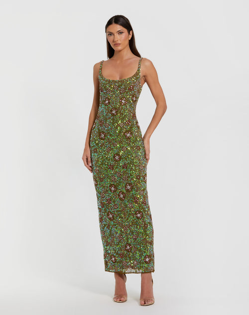 Green Sleeveless Hand Embellished Floral Maxi Dress - Mac Duggal