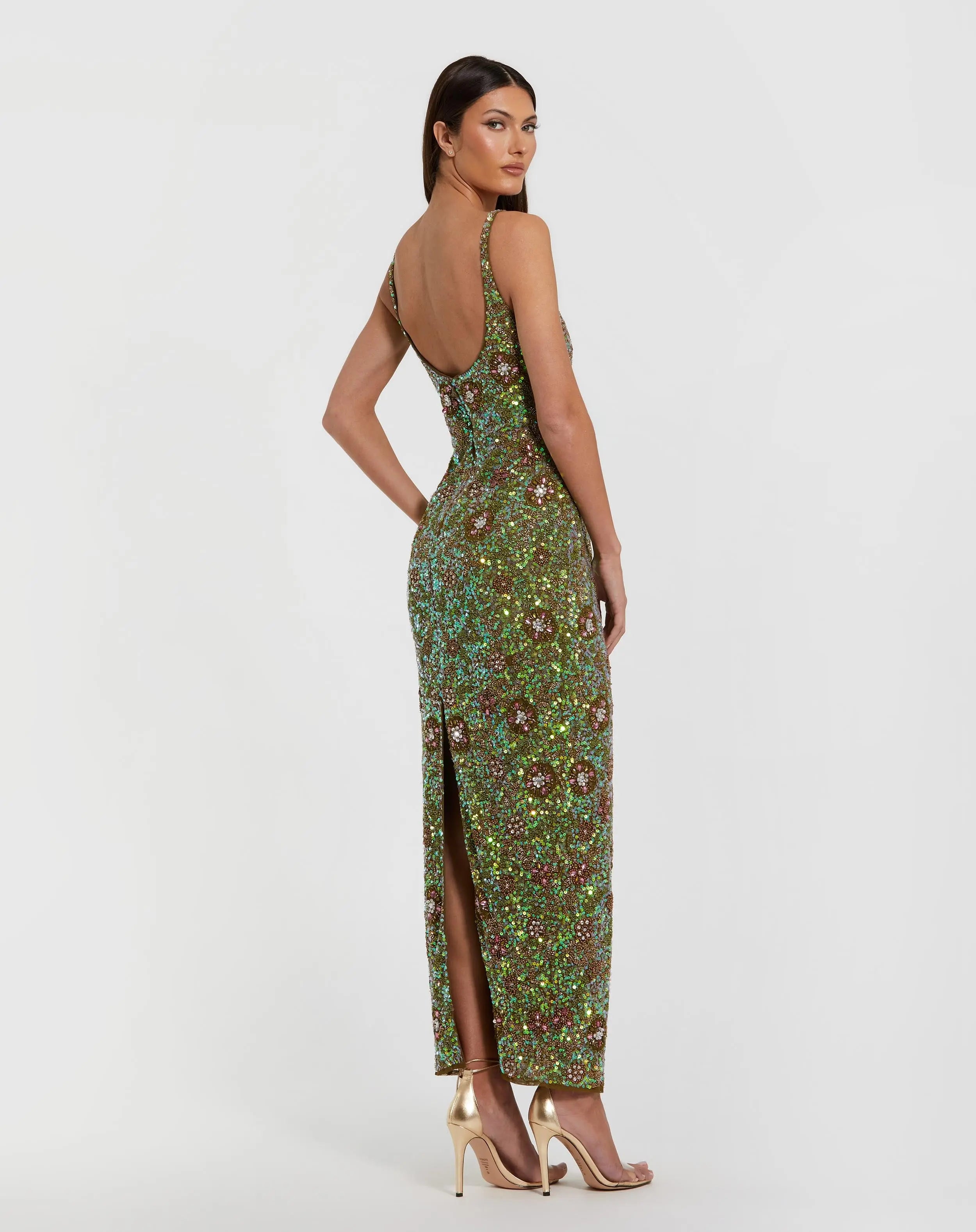 Green Sleeveless Hand Embellished Floral Maxi Dress - Mac Duggal