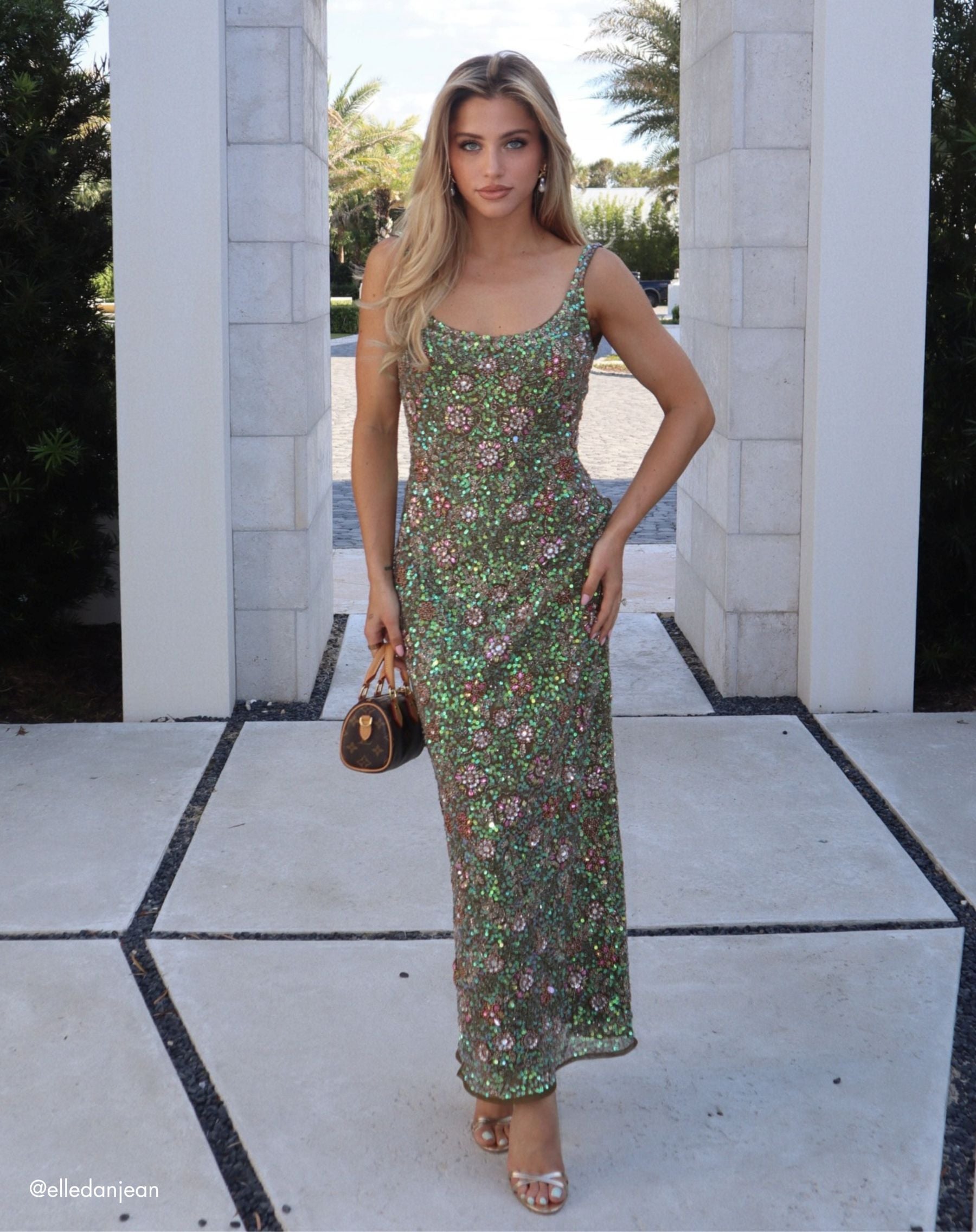 Green Sleeveless Hand Embellished Floral Maxi Dress