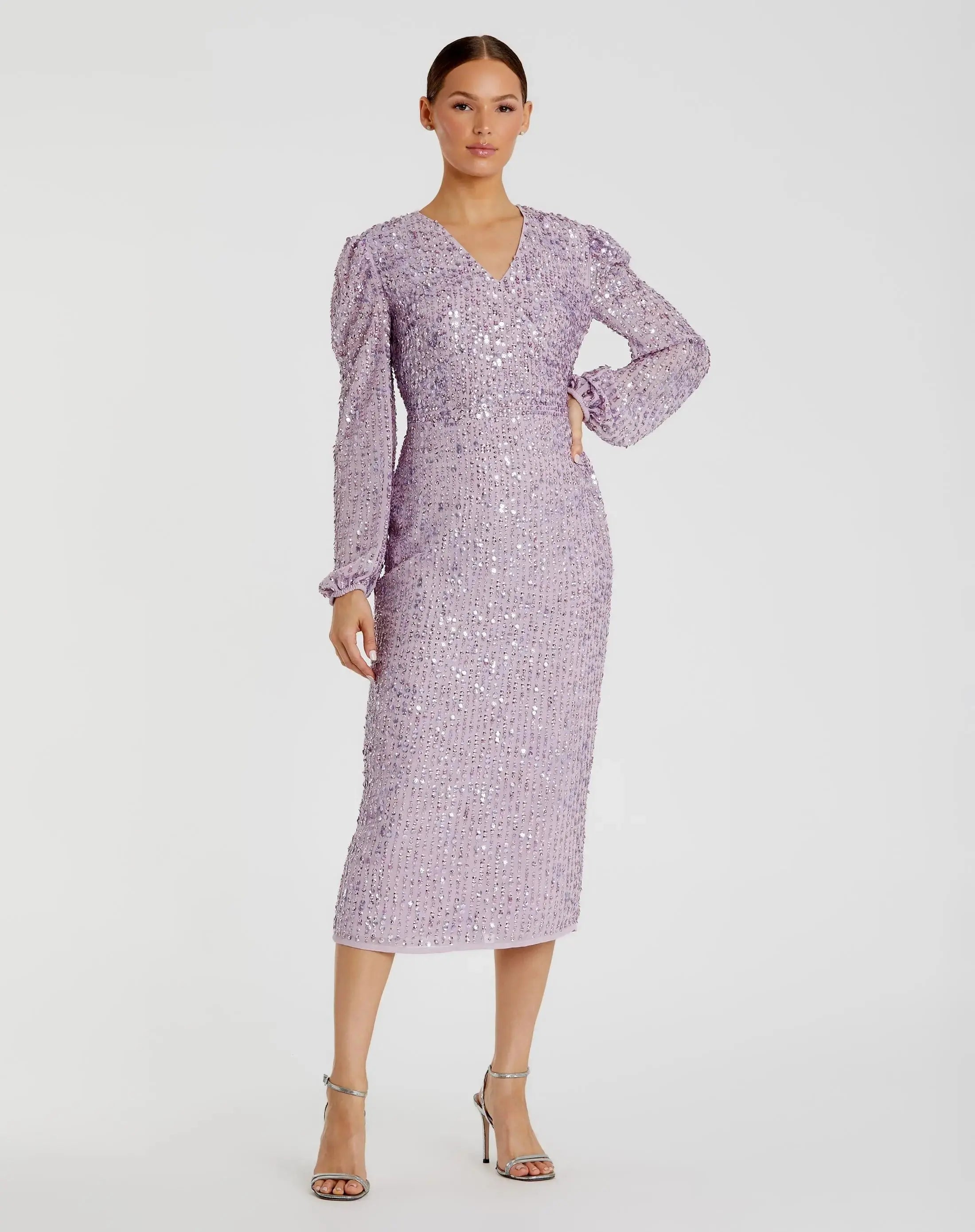 Purple Sequined Illusion Puff Sleeve V Neck Midi Dress - Mac Duggal 