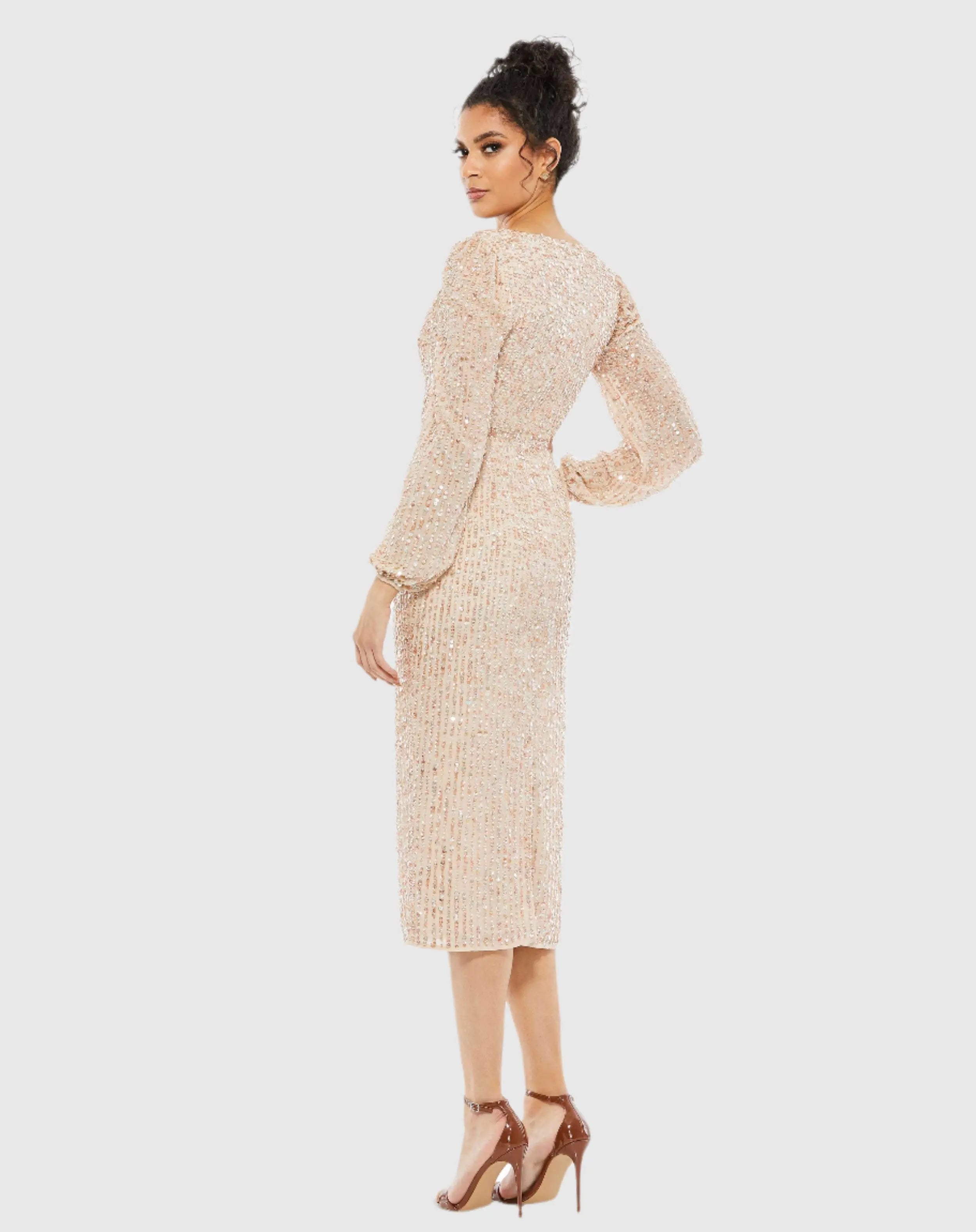 Sequined Illusion Puff Sleeve V Neck Midi Dress - Mac Duggal