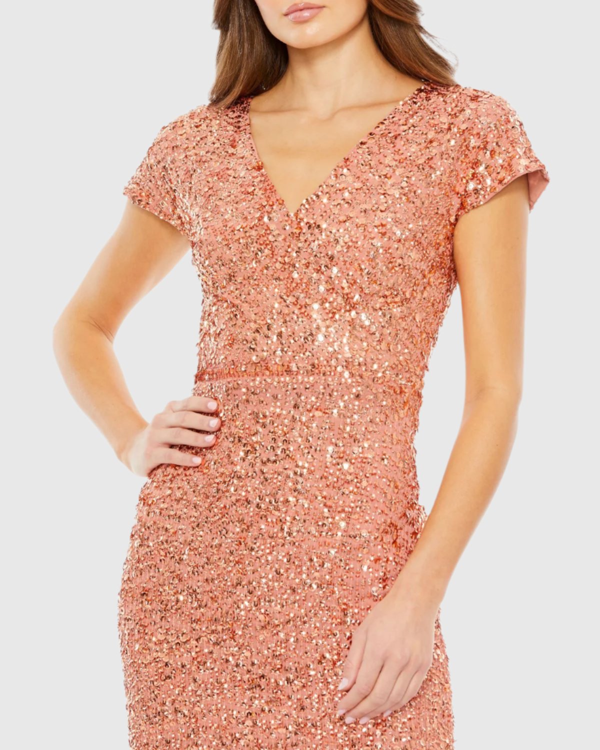 Sequined Short Sleeve Wrap Over Cocktail Dress