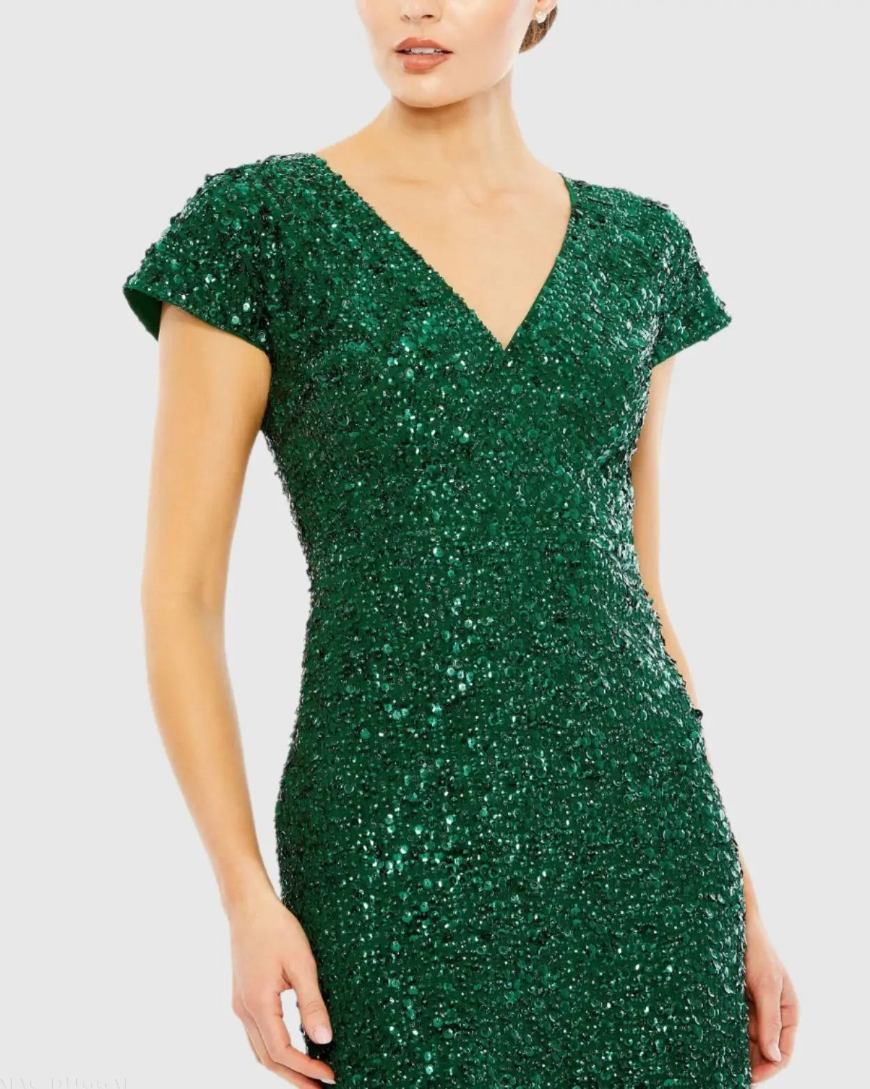 Dark Green Sequined Cap Sleeve Wrap Over Cocktail Dress - Mac Duggal
