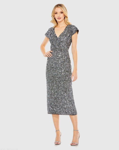 Gray Sequined Short Sleeve Wrap Over Cocktail Dress - Mac Duggal